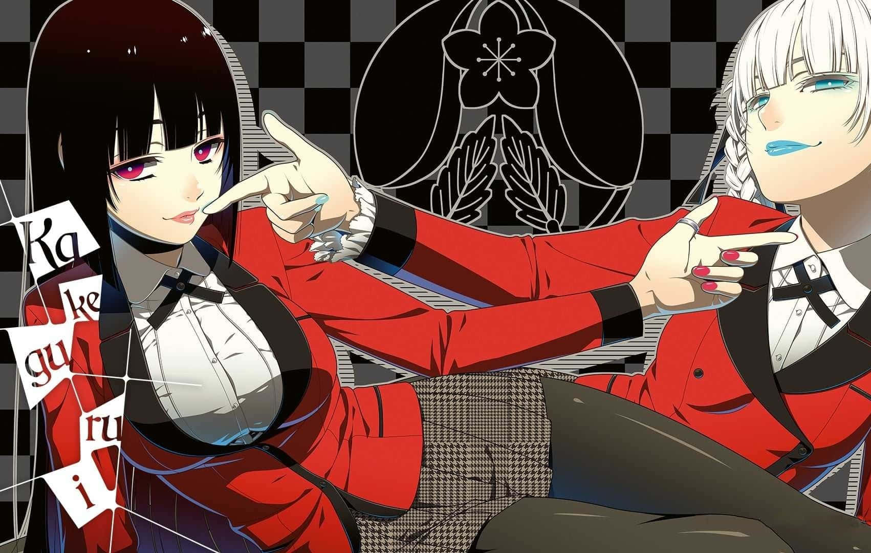 Kakegurui 桌布 壁紙 — 兩個身穿紅色西裝的動漫角色在帶有花卉圖案的格子背景上互相指責對方。