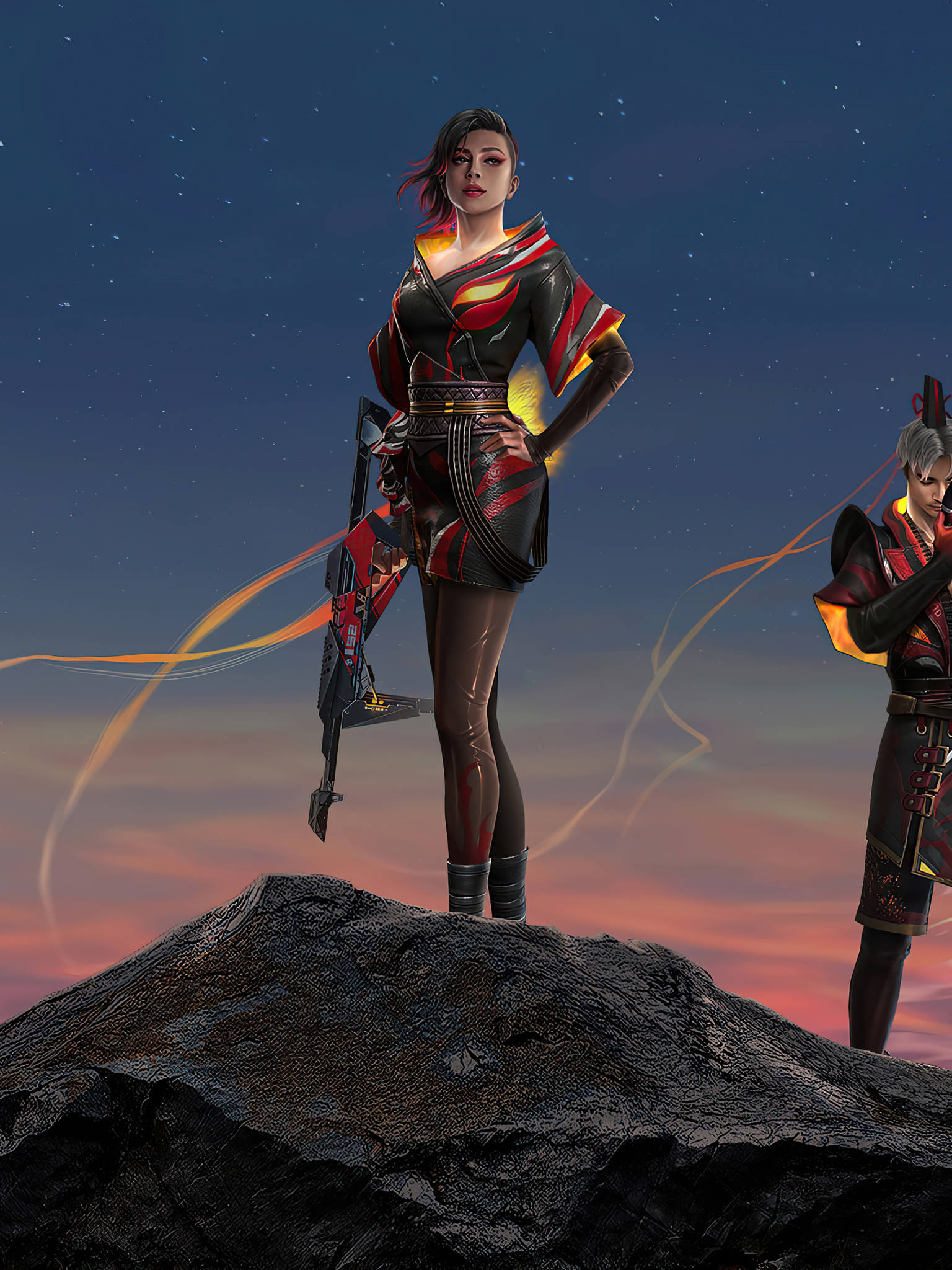 free fire 2021 桌布 壁紙 — 兩個身穿紅黑盔甲的動漫風格戰士站在岩石山峰上，星空暮色下閃爍著能量軌跡。