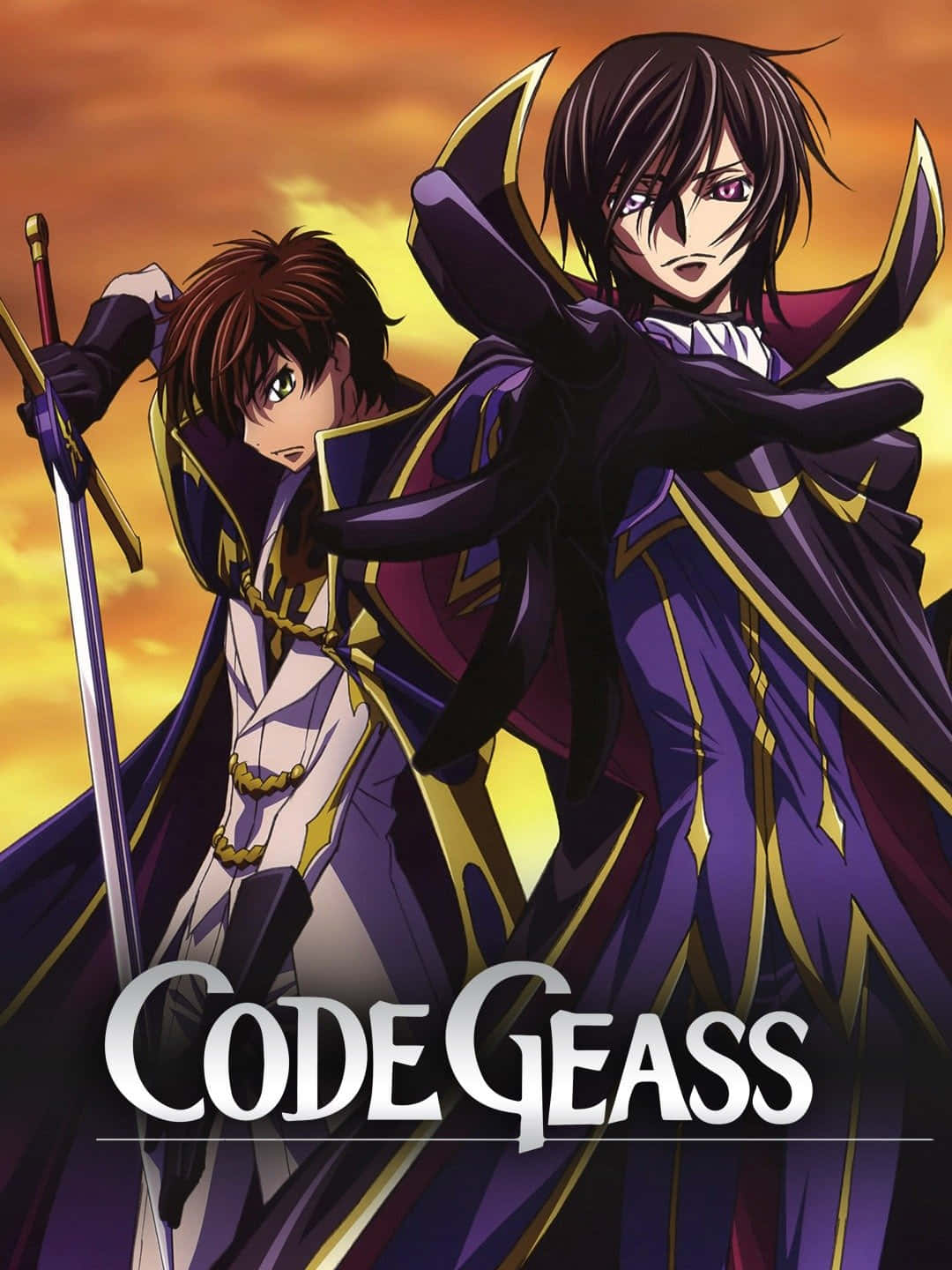 lelouch lamperouge 桌布 壁紙 — 兩個身穿紫色和金色斗篷的動漫角色，拔劍站在熾熱的日落天空前。