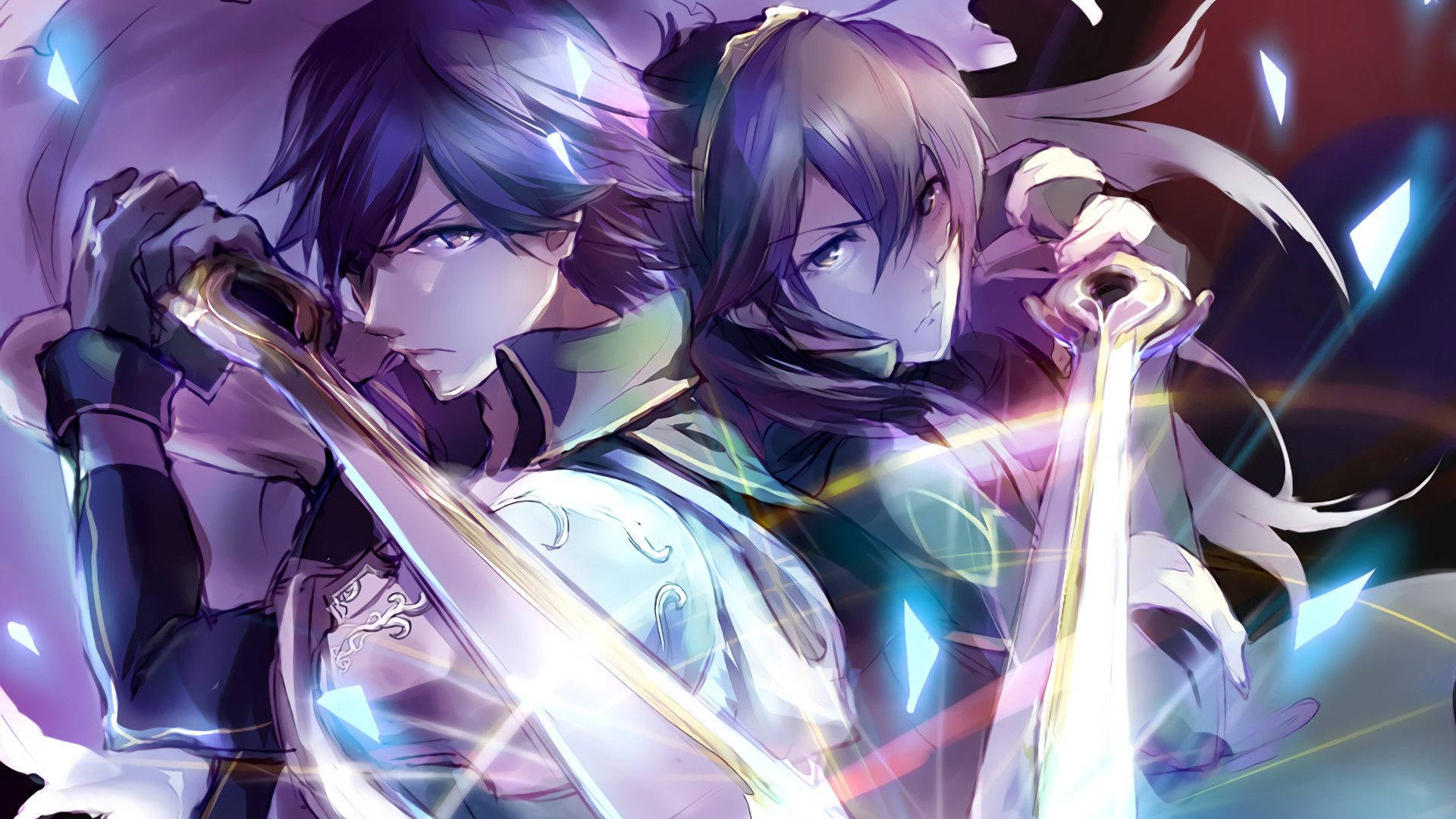 兩個動漫戰士用發光的能量劍交鋒，場景動態。 — Fire Emblem Warriors 壁紙