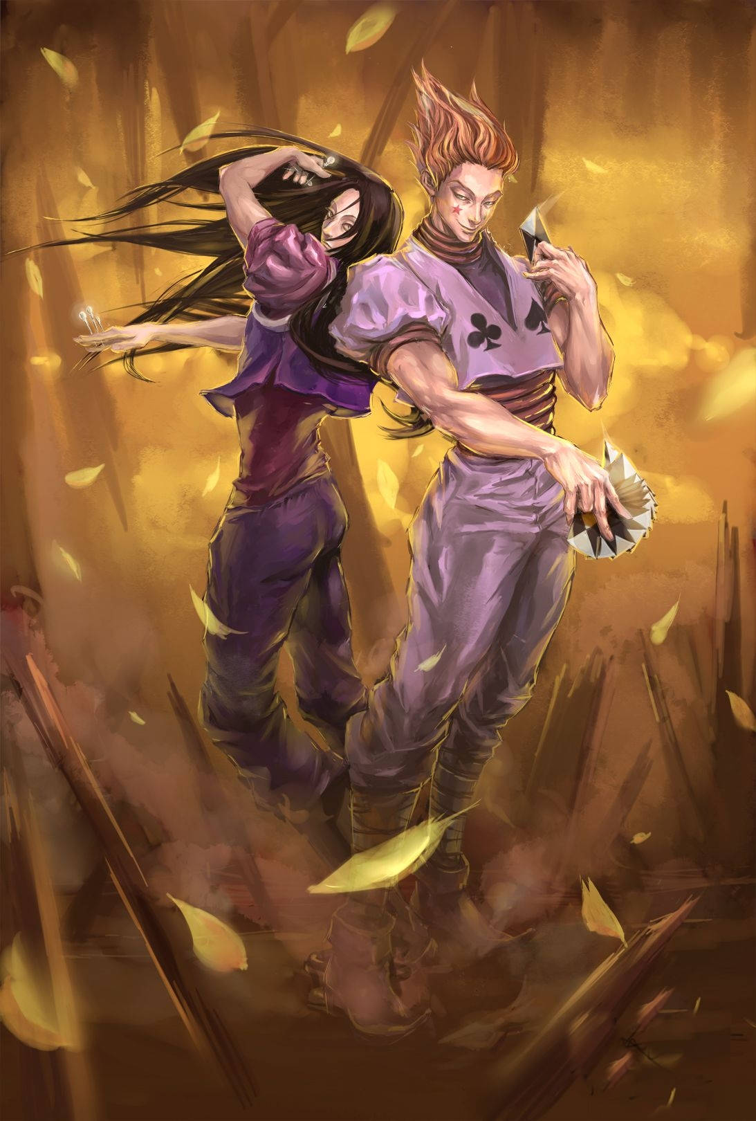 獵人 x 獵人 桌布 壁紙 — 兩個身穿紫色服裝的動漫角色在溫暖光芒下，於旋轉的金色樹葉中戰鬥。