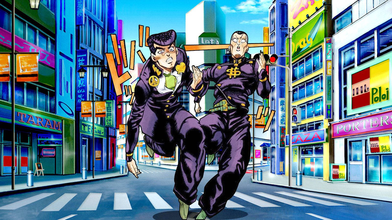 Jojo 桌布 壁紙 — 兩個身穿紫色西裝的動漫角色在充滿色彩繽紛招牌和建築物的霓虹燈東京街道上動態跳躍。