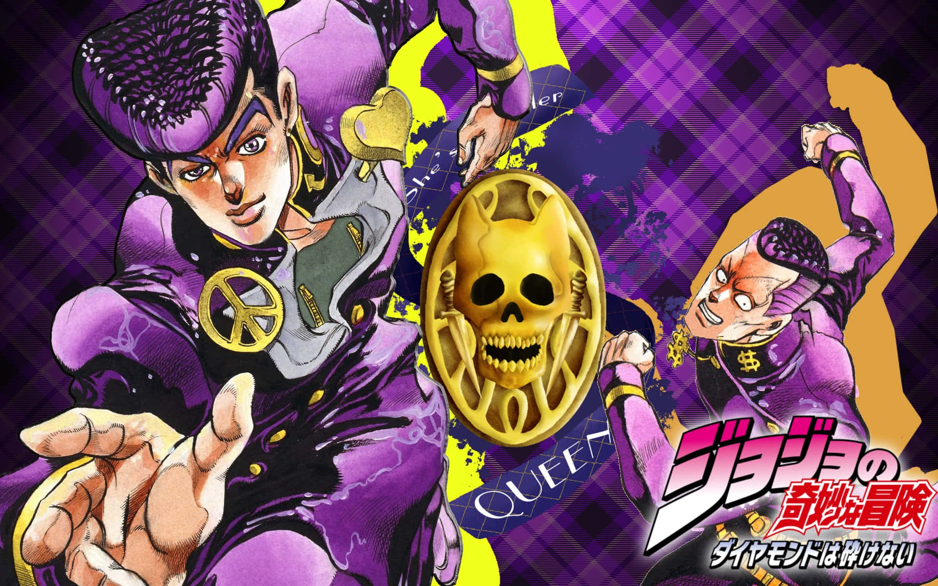 Diamond Is Unbreakable 桌布 壁紙 — 兩個身穿紫色西裝的動漫角色在紫色格子背景前，圍繞一個金色骷髏獎章動態擺姿勢。