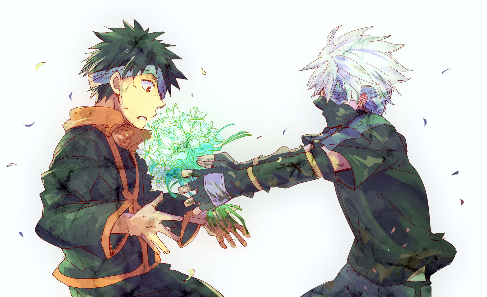 Kakashi And Tobi 桌布 壁紙 — 兩個身穿綠色外套的動漫角色在白色背景上交換發光的綠色花束，花瓣飄落。
