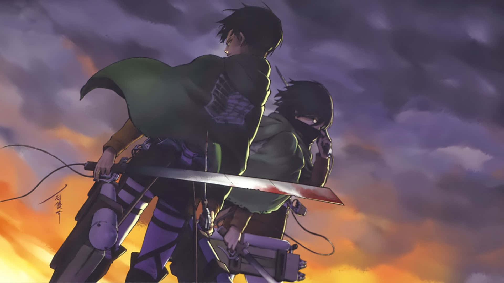 Mikasa 桌布 壁紙 — 兩個身穿綠色斗篷的動漫戰士背靠背手持劍，映襯著熾熱的夕陽天空。