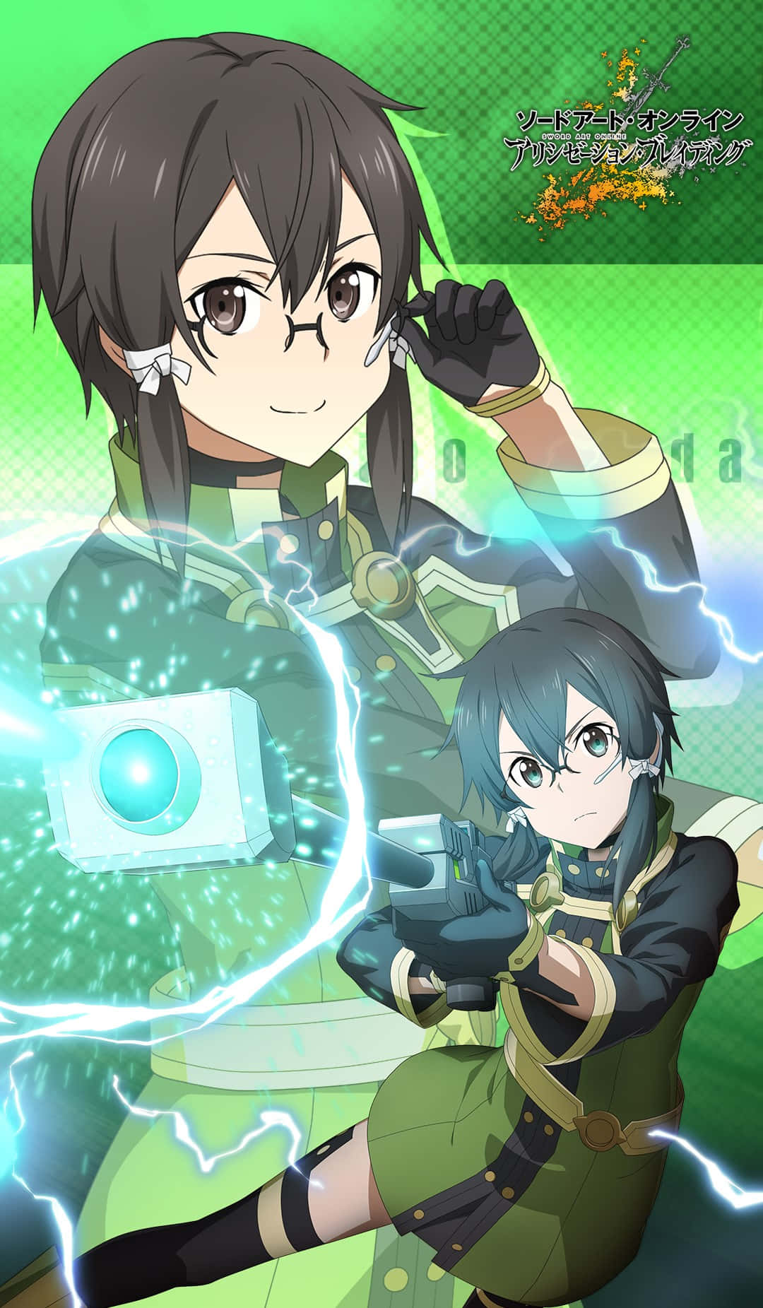 Shino Asada 桌布 壁紙 — 兩個身穿綠色盔甲的動漫角色在充滿電藍色能量的背景下，對著鮮綠色格子背景揮舞著發光武器。