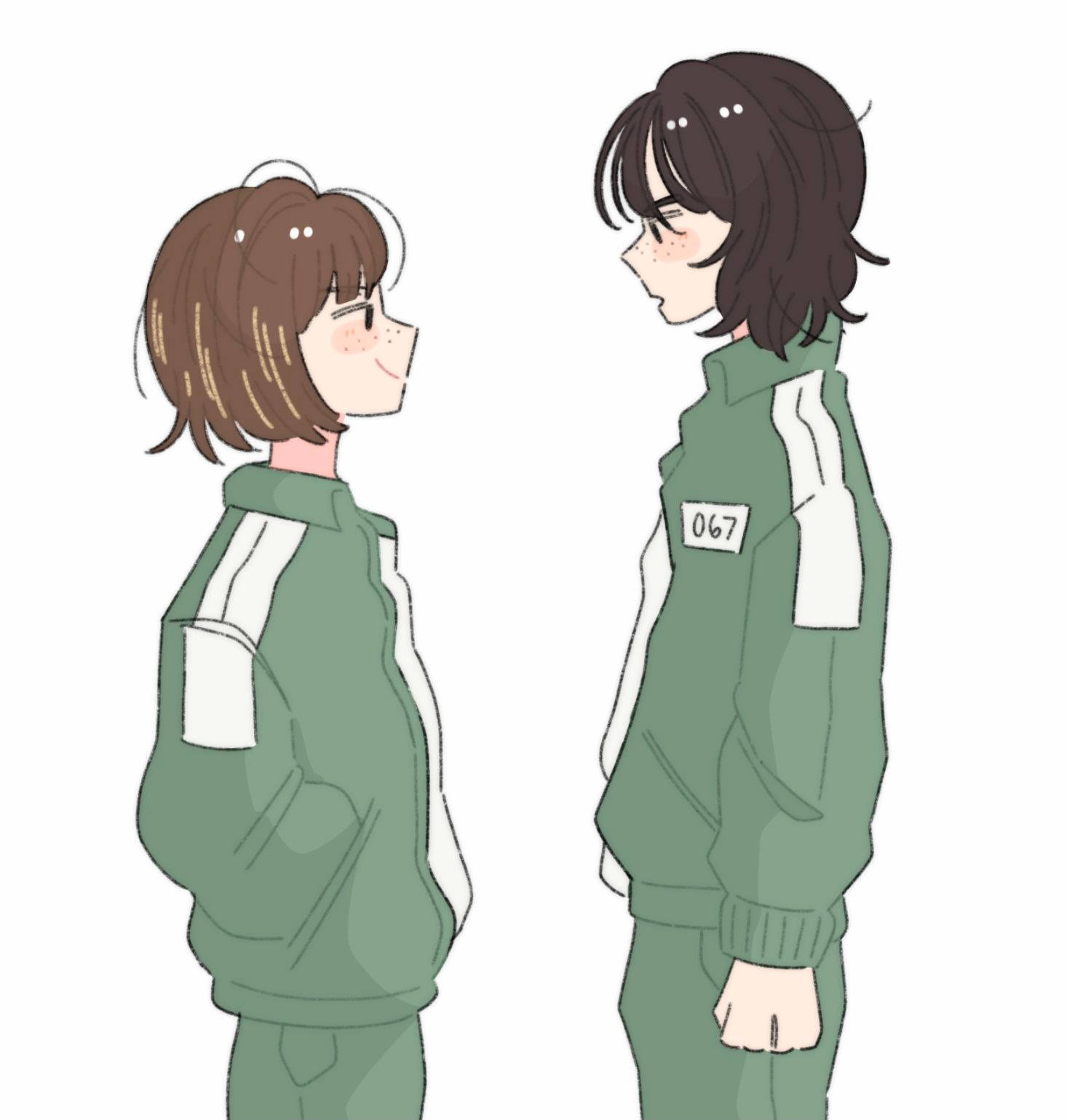 game 桌布 壁紙 — 兩個身穿綠色運動服（帶白色條紋）的動漫角色在純白色背景上相對而立。