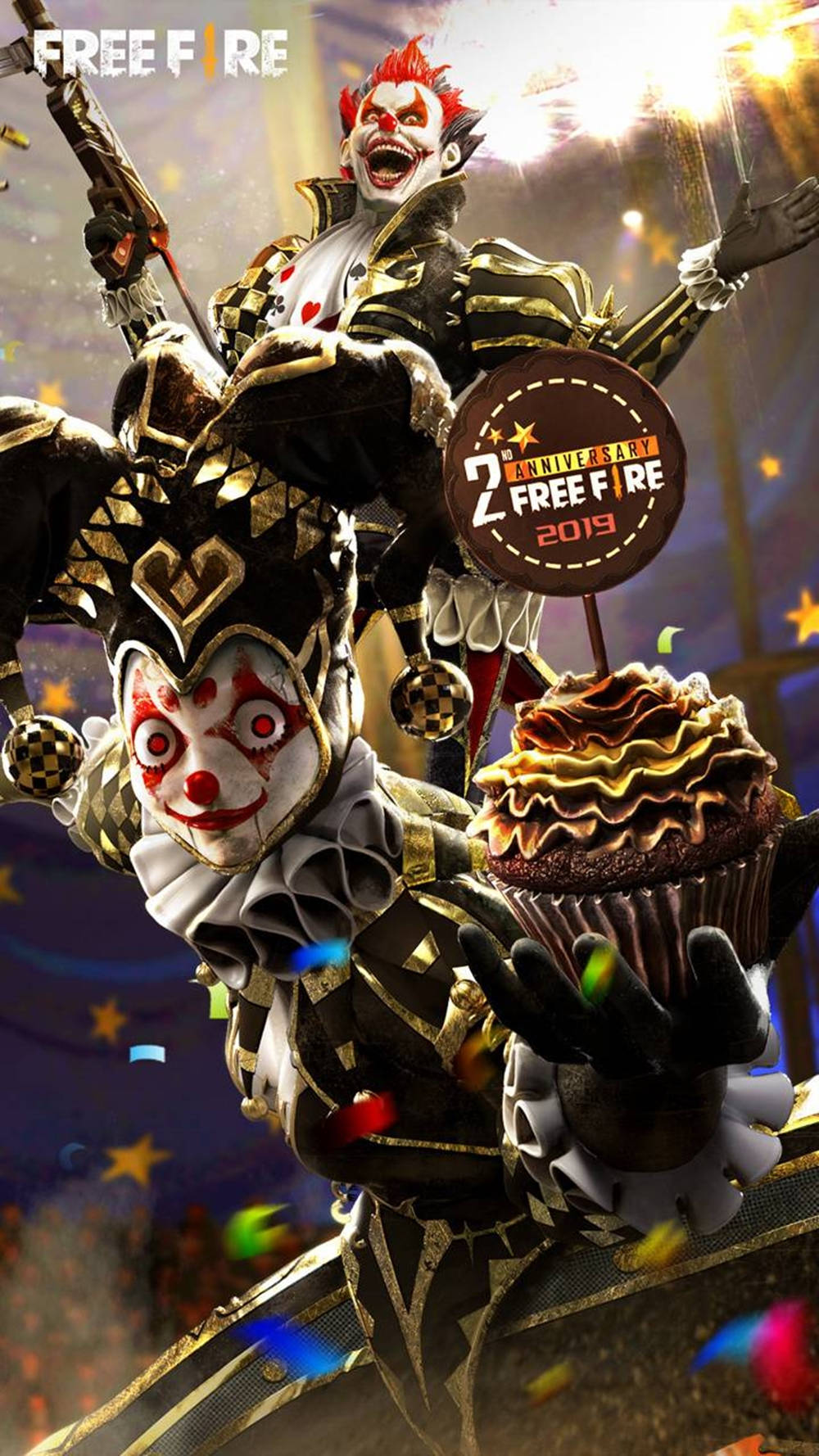 free fire bundle 桌布 壁紙 — 兩個身穿華麗黑金鎧甲的可怕小丑，在明亮的舞台燈光下，用一個巨大的杯子蛋糕和五彩紙屑慶祝。