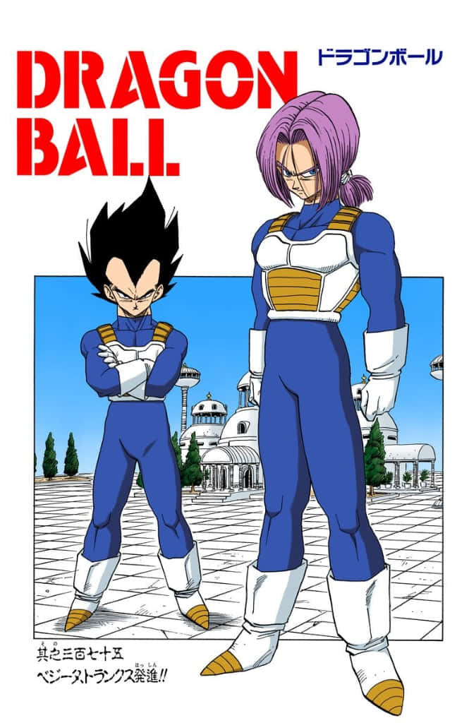 Vegeta And Trunks 桌布 壁紙 — 兩個身穿藍白戰鬥服的動漫角色，在晴朗藍天下自信地站在鋪滿瓷磚的廣場上，周圍是未來主義建築。