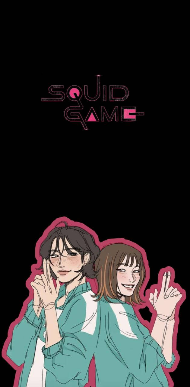 game 桌布 壁紙 — 兩個身穿藍綠色制服的動畫角色在黑色背景上做出和平手勢，背景有粉紅色的「Squid Game」標誌。