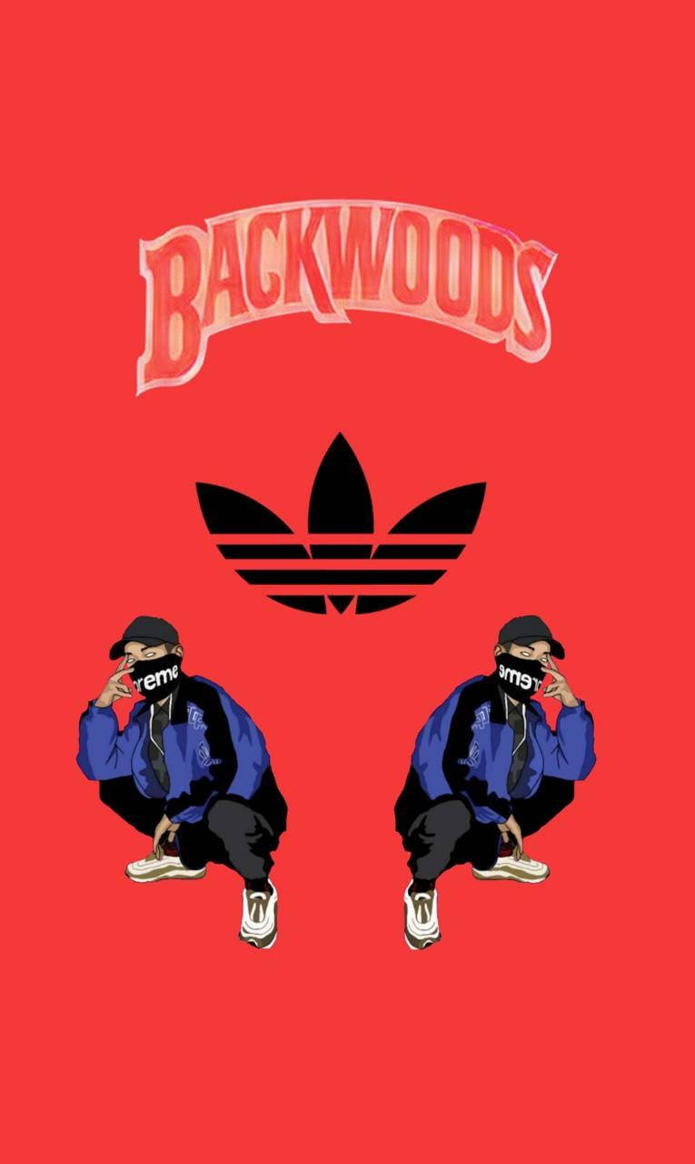Backwoods 桌布 壁紙 — 兩個身穿藍色外套和戴著口罩的風格化人物，蹲在一個大膽的紅色背景上的黑色Adidas標誌和'BACKWOODS'文字下方。