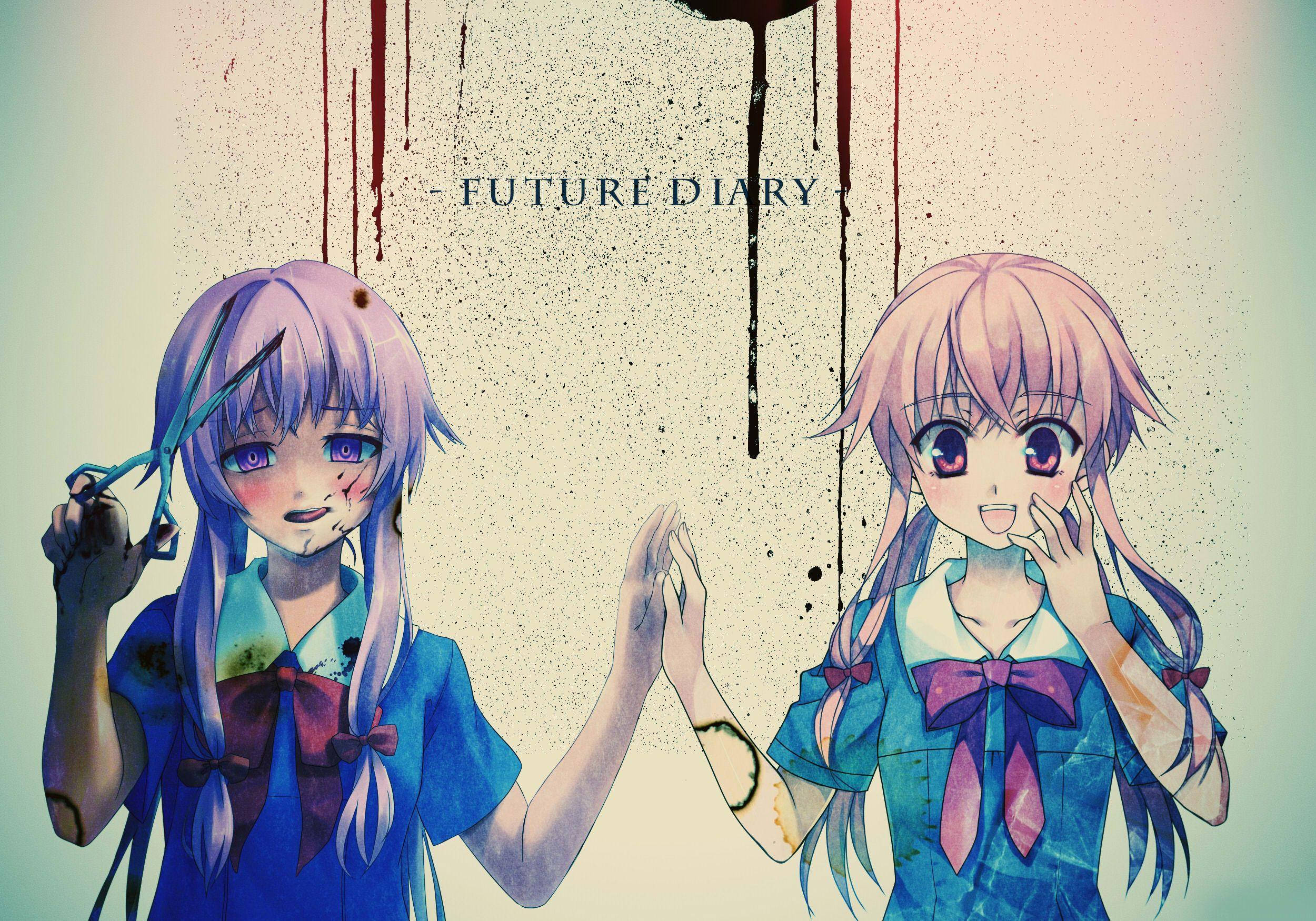 Future 桌布 壁紙 — 兩個身穿藍色校服、帶有血跡和滴落紅色液體的動漫女孩，背景有斑點。
