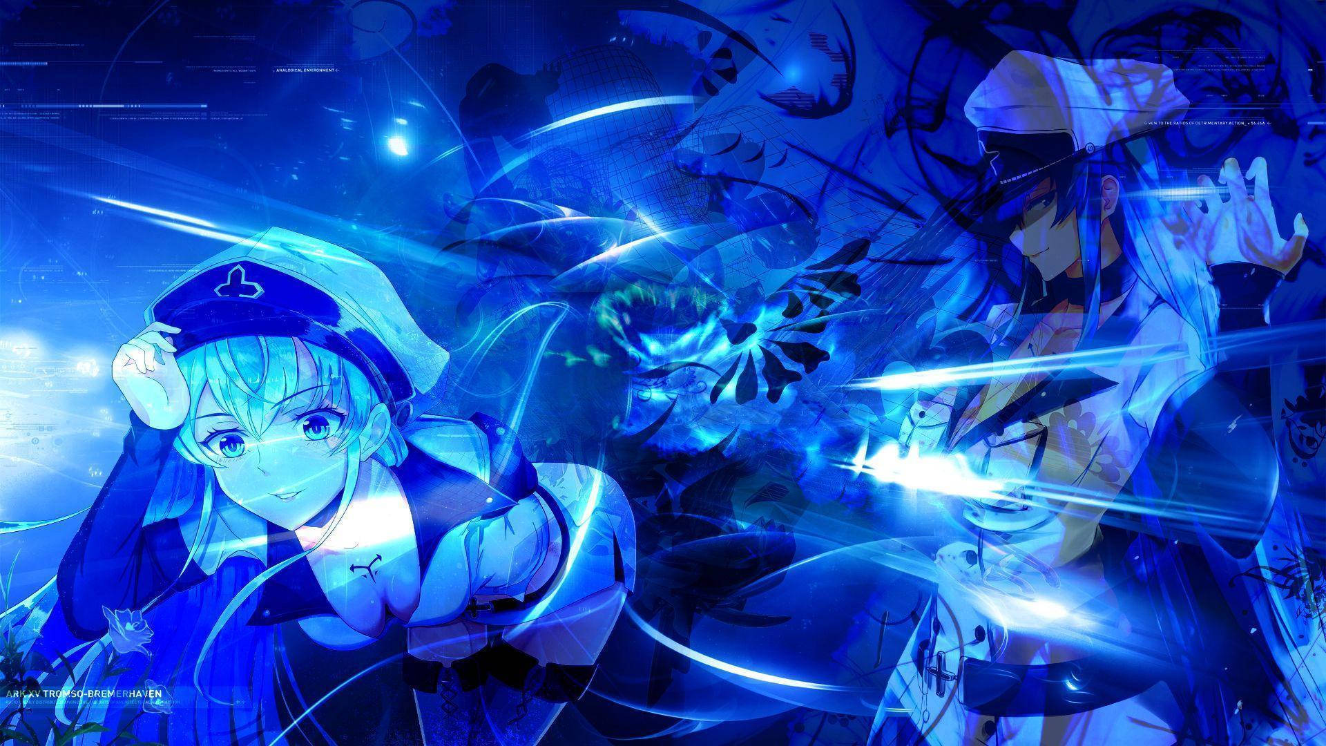 Esdeath 桌布 壁紙 — 兩個身穿藍色發光未來風格服裝的動漫角色，在數位抽象背景前以能量光束交鋒。