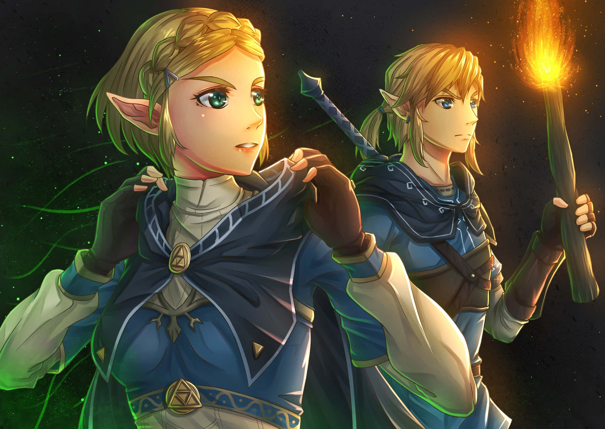 The Legend Of Zelda Tears Of The Kingdom 桌布 壁紙 — 兩個身穿藍色盔甲的妖精冒險者站在星空下，一個手持火炬，另一個手持劍。