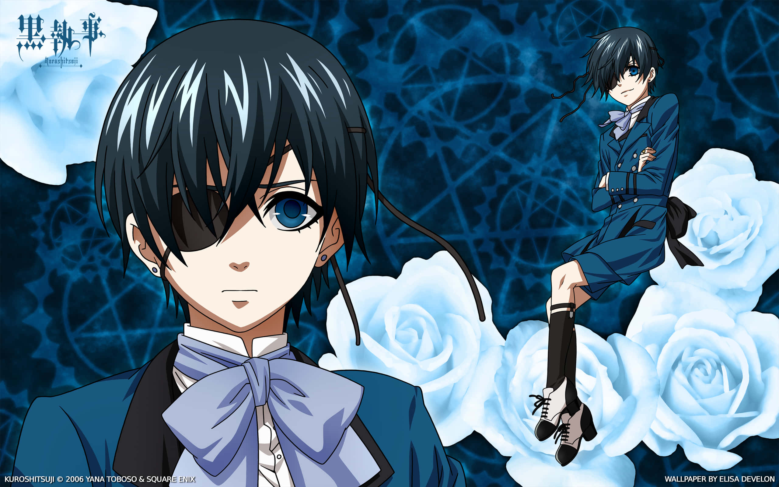 Black Butler 桌布 壁紙 — 兩個身穿藍色西裝的動漫男孩坐在發光的白色玫瑰上，背景是深藍色圖案。