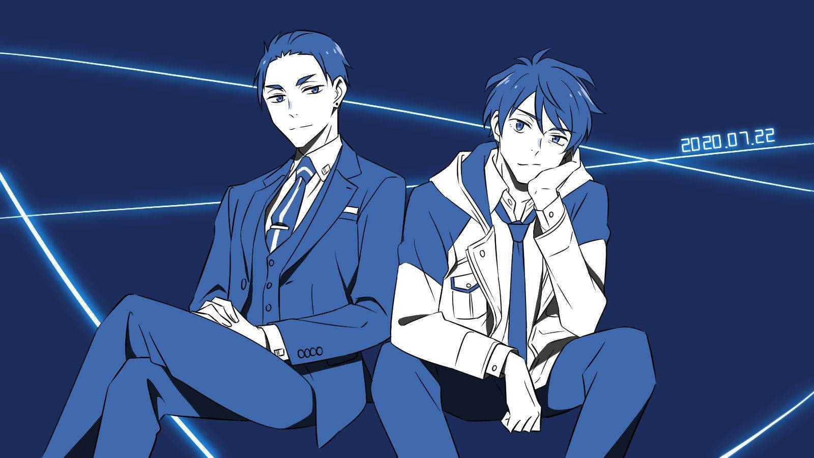 the millionaire detective 桌布 壁紙 — 兩個身穿藍色西裝的動畫男孩，在帶有日期戳的發光霓虹藍色數位背景前平靜地坐著。