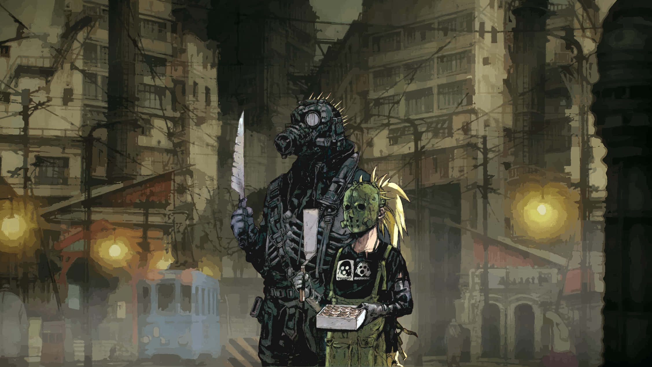 dorohedoro 桌布 壁紙 — 兩個身穿裝甲、戴著防毒面具的人物站在一條由溫暖街燈照亮的骯髒城市小巷中，一個拿著刀，另一個拿著披薩盒。