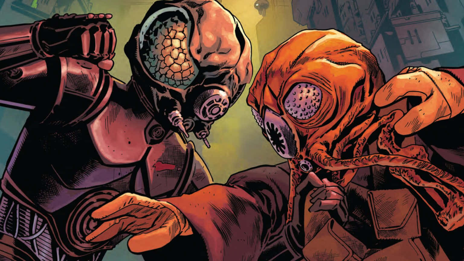 The War Of The Bounty Hunters 桌布 壁紙 — 兩個身穿裝甲、戴著防毒面具的外星人在霓虹燈光下於骯髒的城市小巷中衝突。