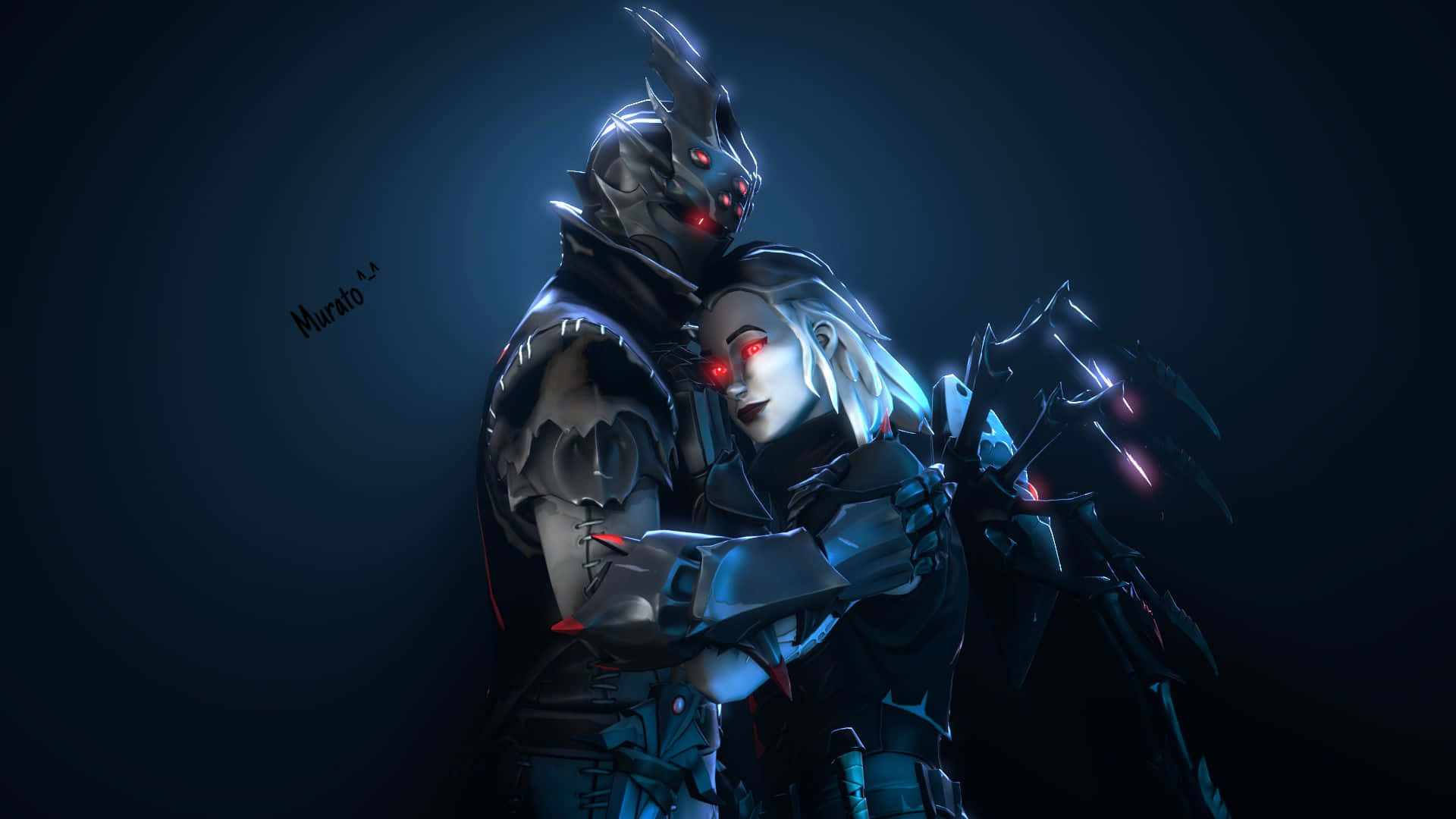 Fortnite Manic Skin 桌布 壁紙 — 兩個身穿裝甲、眼睛發出紅光的角色在深藍色虛空中擁抱，他們的金屬戰衣反射出詭異的光芒。