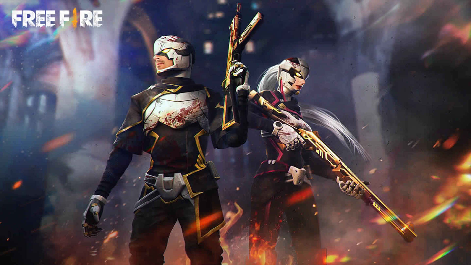 Free Fire 標誌 桌布 壁紙 — 兩個身穿裝甲的Free Fire角色在充滿發光粒子與煙霧的熾熱戰鬥場景中背對背站立。