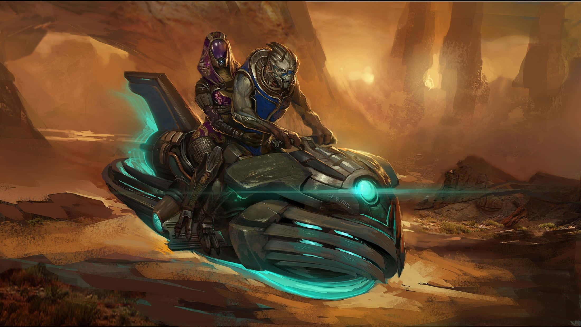 Tali'zorah 桌布 壁紙 — 兩個身穿裝甲的人物在日落時分騎著一輛發光的青綠色未來摩托車穿過崎嶇的外星峽谷。
