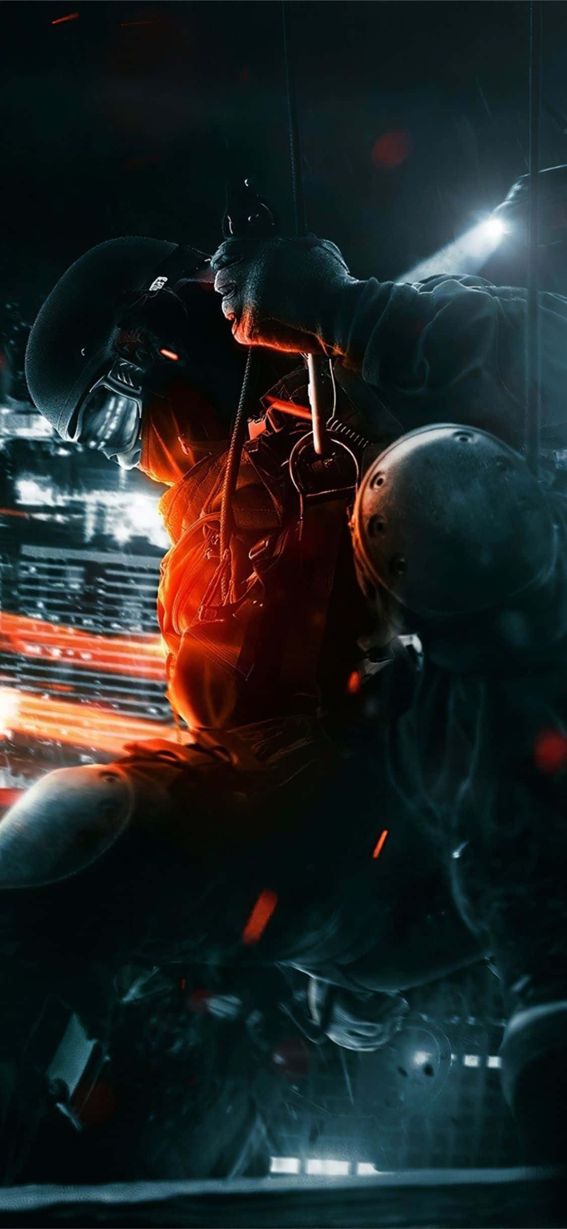 iPhone Xs Battlefield 3 桌布 壁紙 — 兩個身穿裝甲的人物在黑暗的工業環境中碰撞，橙色火花在金屬碎片中飛濺。