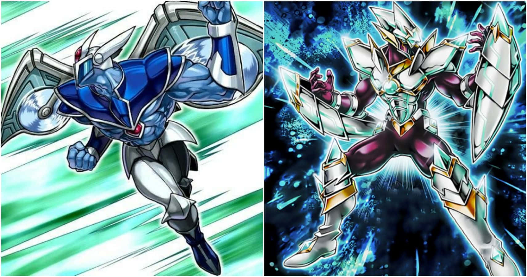 Yugioh Elemental Hero 桌布 壁紙 — 兩個身穿裝甲的動漫戰士擺出動態姿勢，一個藍銀色向前衝鋒，另一個紫白色強勢站立對抗宇宙能量。