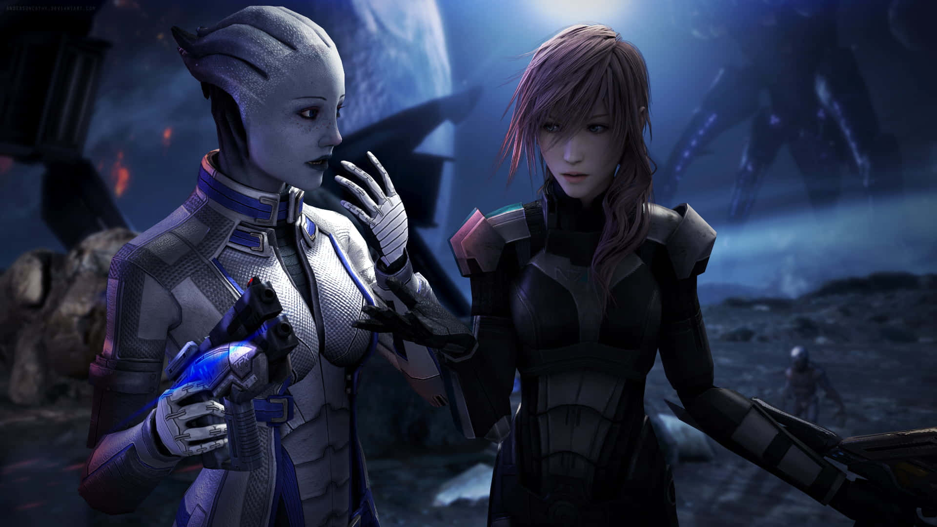 Mass Effect Characters 桌布 壁紙 — 兩個身穿裝甲的外星人和人類角色站在黑暗的科幻風景中，腳下是發光的月亮。