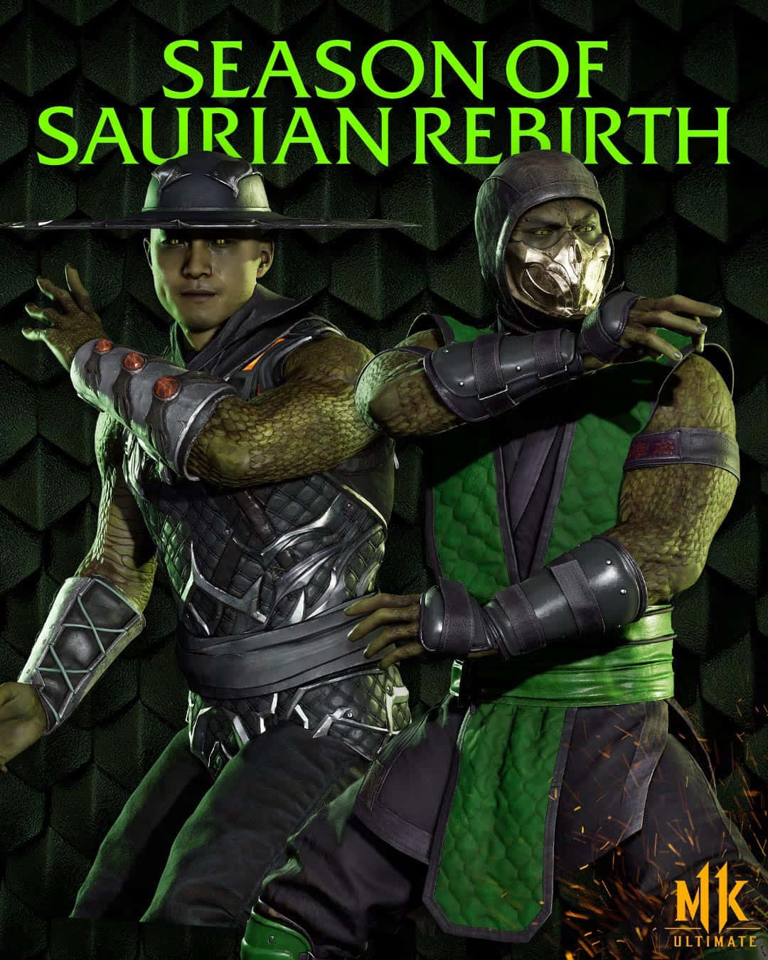 Mortal Kombat Reptile 桌布 壁紙 — 兩個身穿裝甲的爬蟲類戰士在黑暗幾何背景前擺出戰鬥姿勢，帶有發光綠色文字。