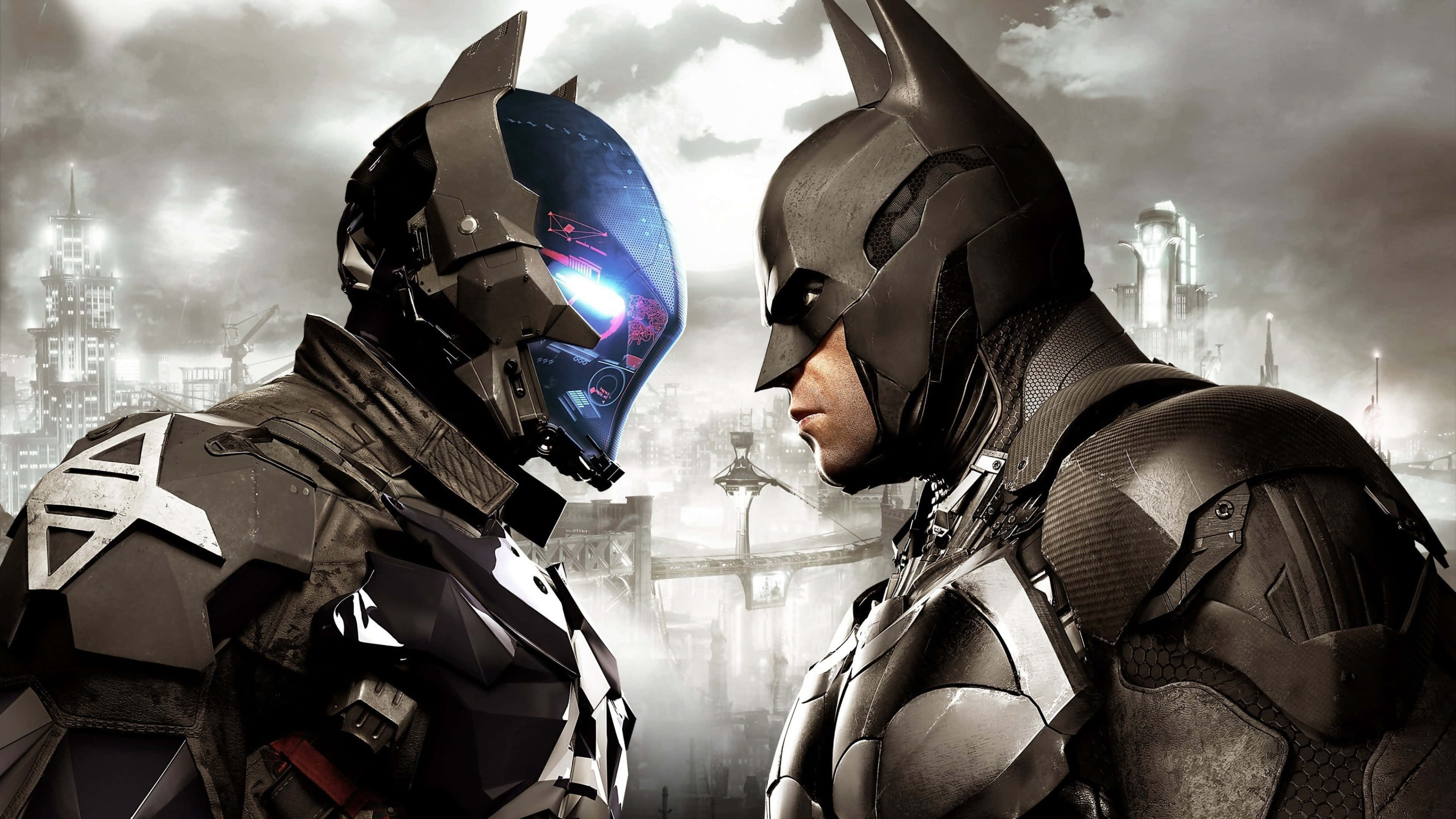 Cool Batman 桌布 壁紙 — 兩個身穿裝甲的蝙蝠俠在陰暗的城市景觀中對峙，一個戴著未來風格的頭盔，另一個戴著經典的頭罩。