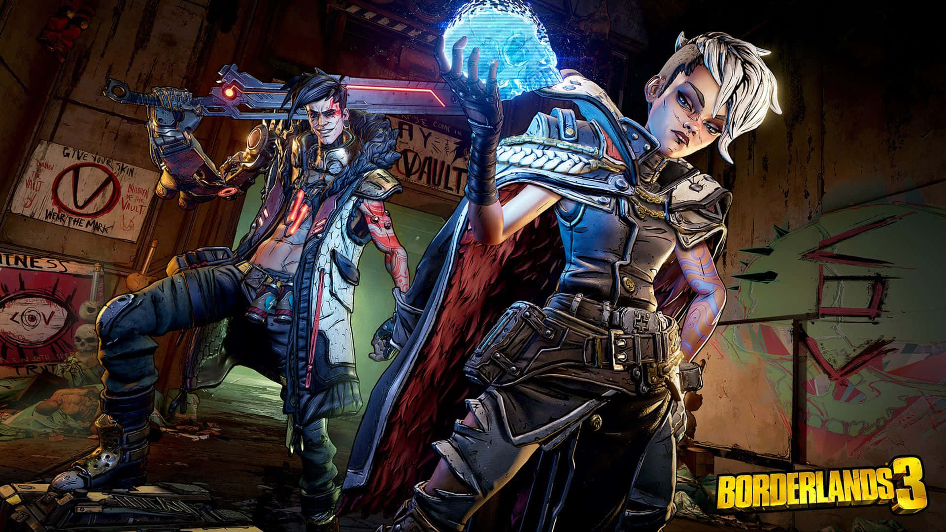 Borderlands 3 桌布 壁紙 — 兩個身穿裝甲的角色身處一個骯髒、佈滿塗鴉的房間，其中一人揮舞著發光武器，另一人手持藍色能量球。