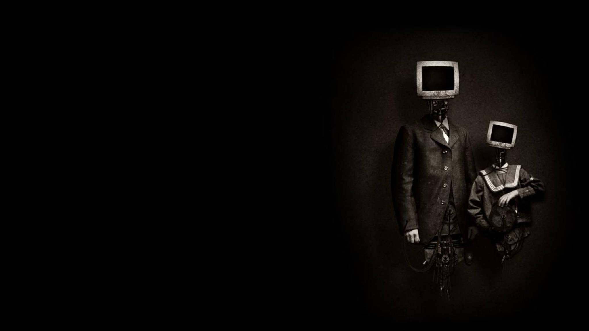tv 桌布 壁紙 — 兩個身穿西裝、頭部為舊電腦顯示器的人物站在陰影黑暗中。