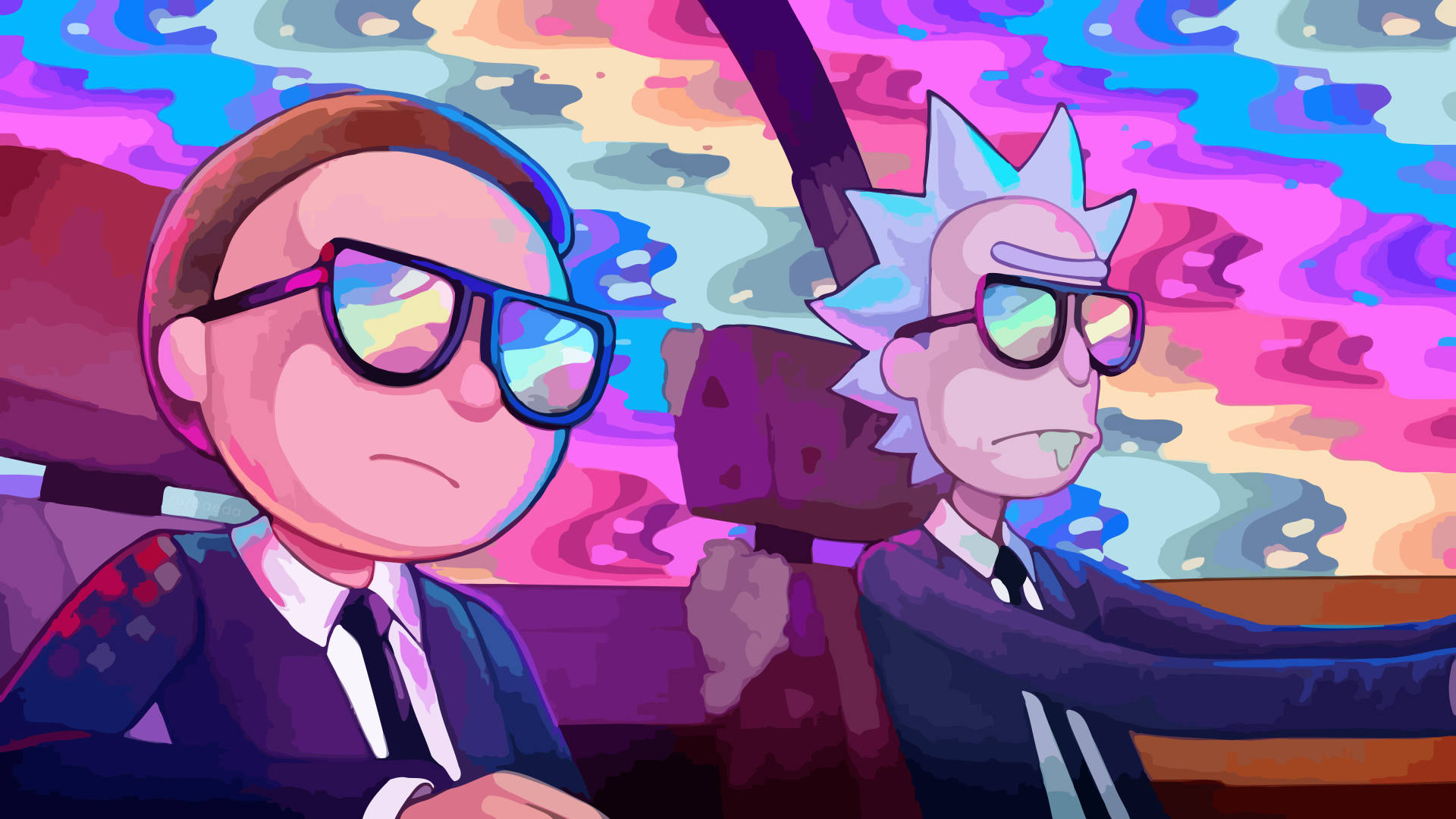 rick 桌布 壁紙 — 兩個身穿西裝和太陽眼鏡的動畫角色坐在車內，背景是粉紅色、紫色和藍色的迷幻旋轉天空。