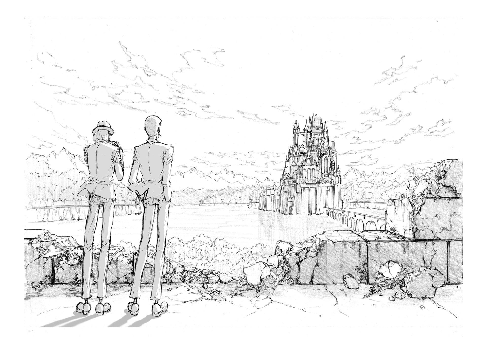 Lupin 桌布 壁紙 — 兩個身穿西裝的人物站在石頭觀景台上，凝視著多雲天空下河流對岸遠處的哥德式城堡。