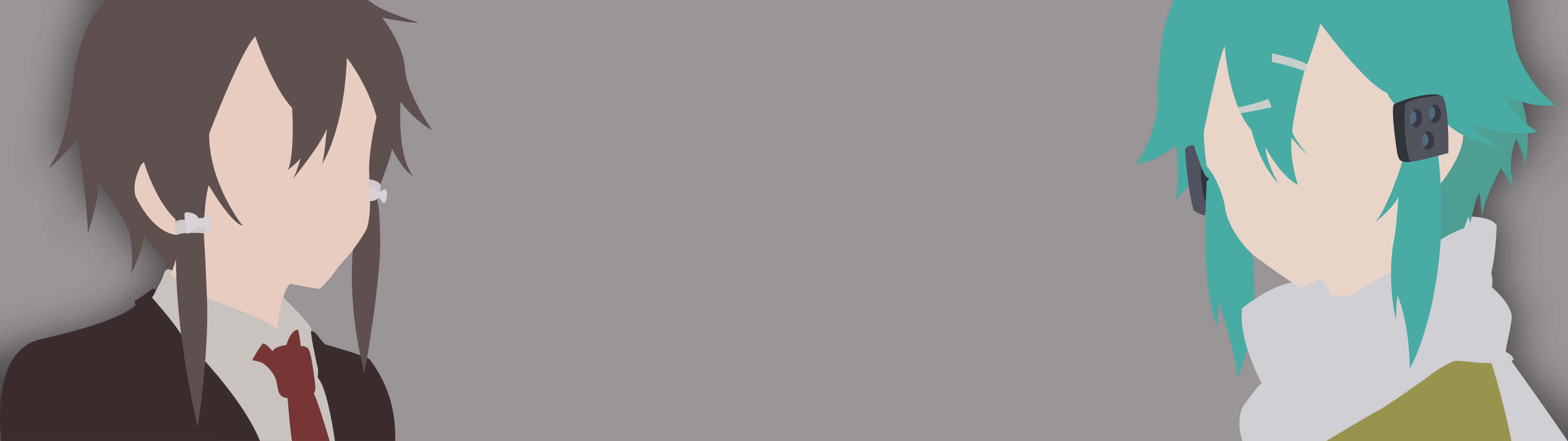 Minimalist Dual Monitor 桌布 壁紙 — 兩個身穿西裝的動漫角色在純灰色背景前對峙，面部細節極簡。