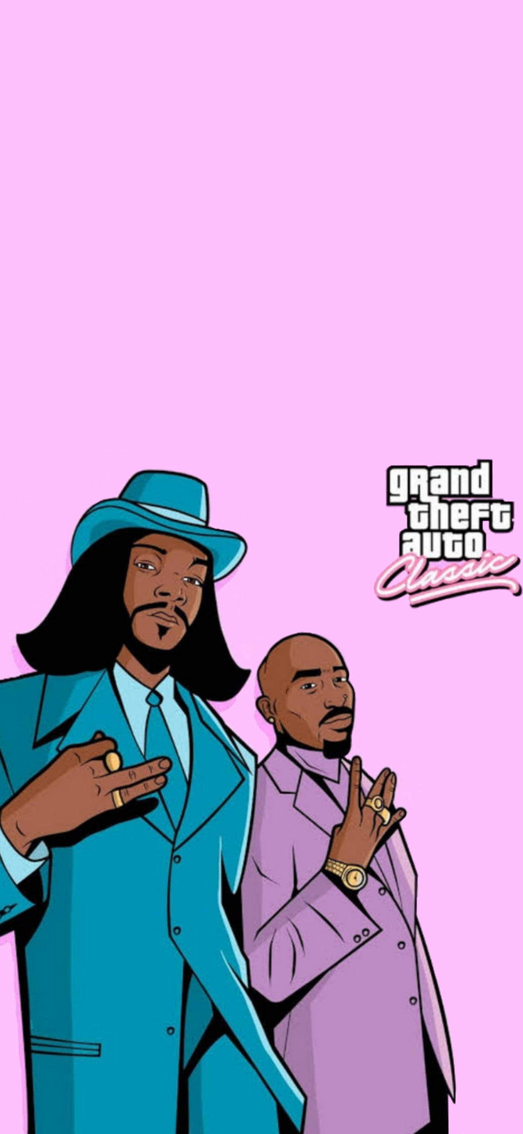 Snoop 桌布 壁紙 — 兩個身穿西裝的卡通角色在純粉紅色背景前擺姿勢，並帶有 Grand Theft Auto Classic 標誌。