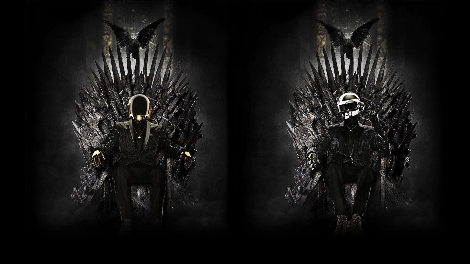 Throne 桌布 壁紙 — 兩個身穿西裝的蒙面人物坐在鐵王座上，烏鴉棲息在上方，背景是黑暗哥德式風格。