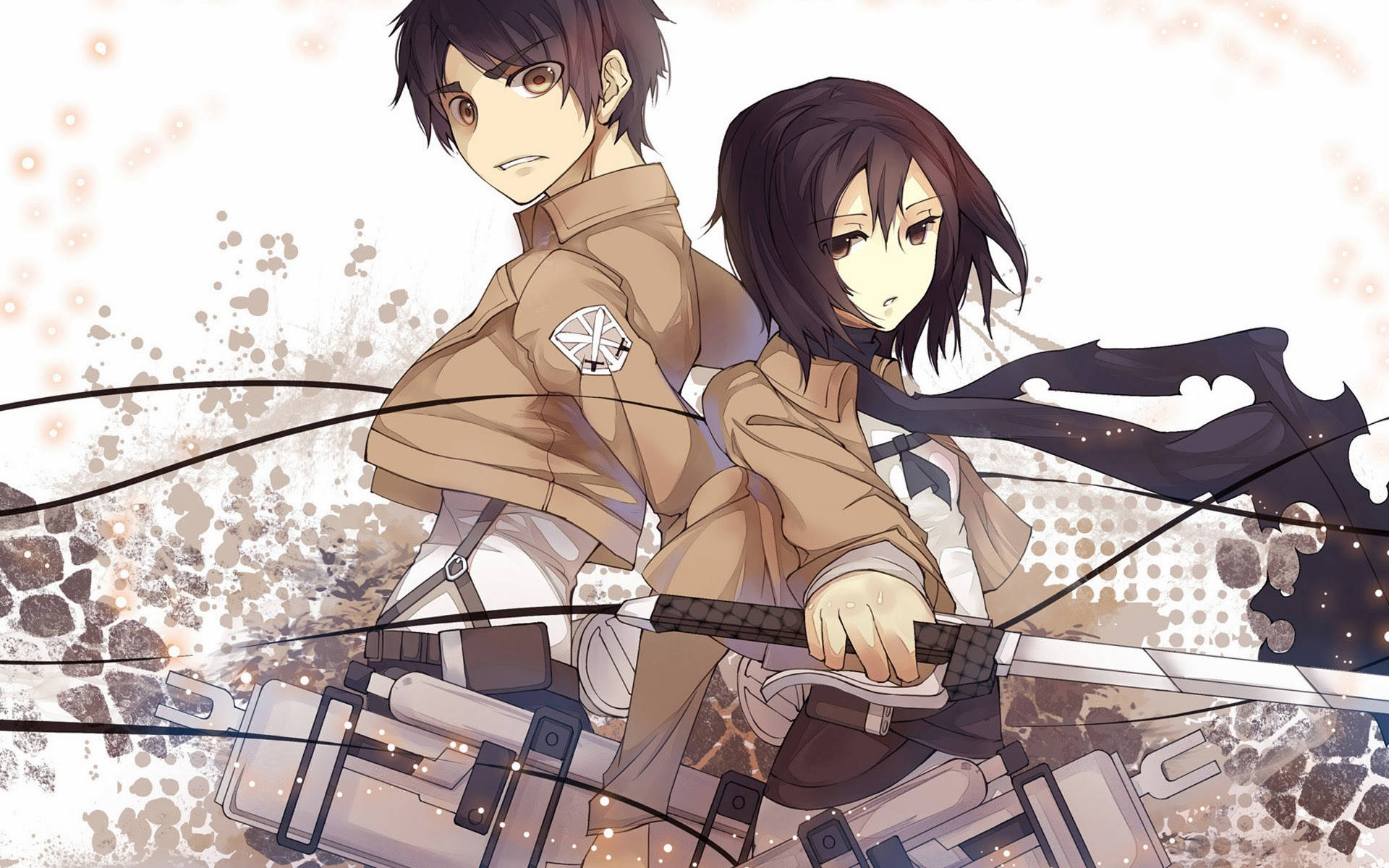 Mikasa 桌布 壁紙 — 兩個身穿軍裝的動漫角色背靠背揮舞劍，背景粗糙有紋理。