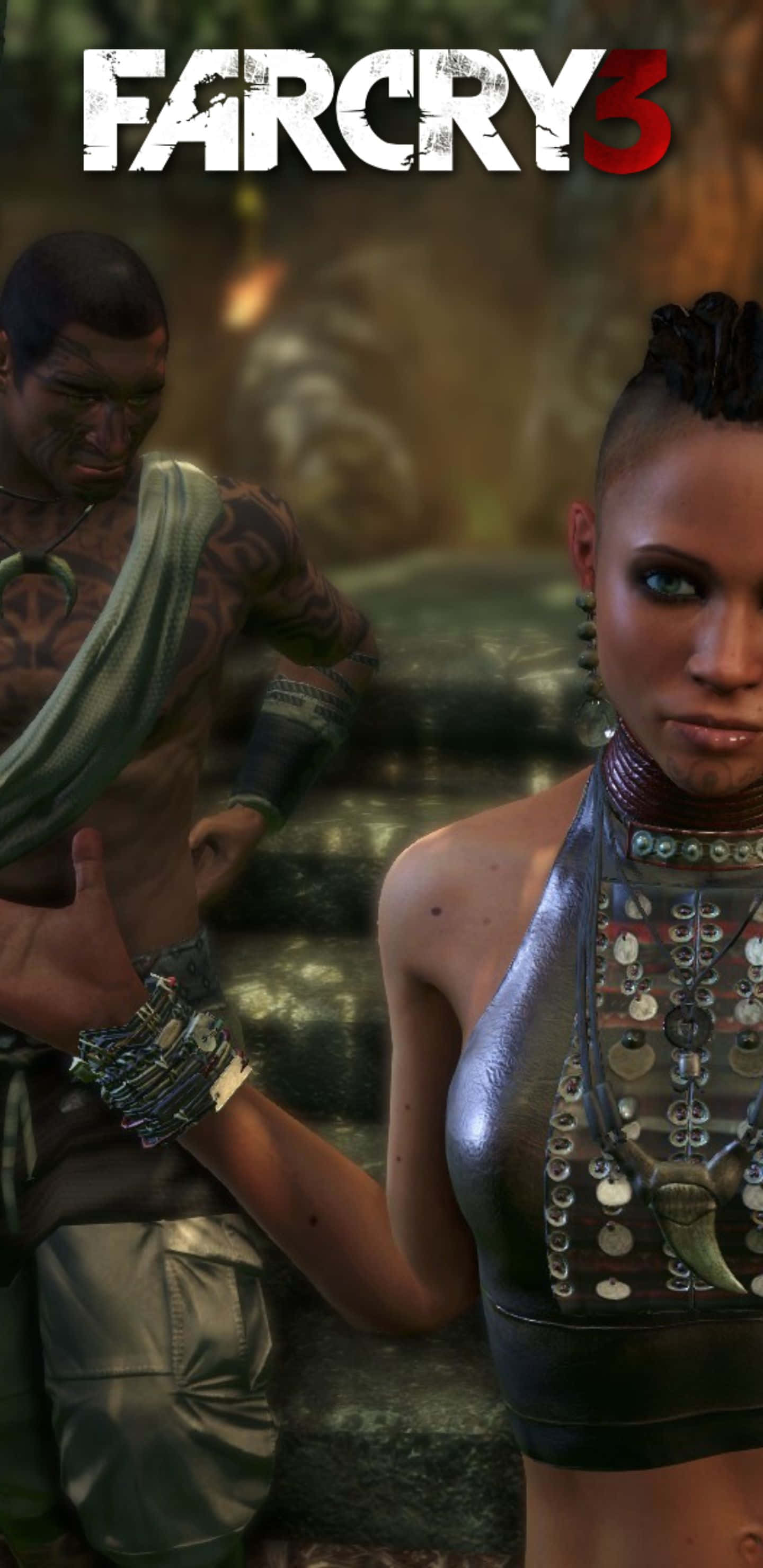 Pixel 3xl Far Cry 3 桌布 壁紙 — 兩個身穿部落裝備的粗獷角色站在叢林場景中，遊戲標題 Far Cry 3 顯眼地展示。