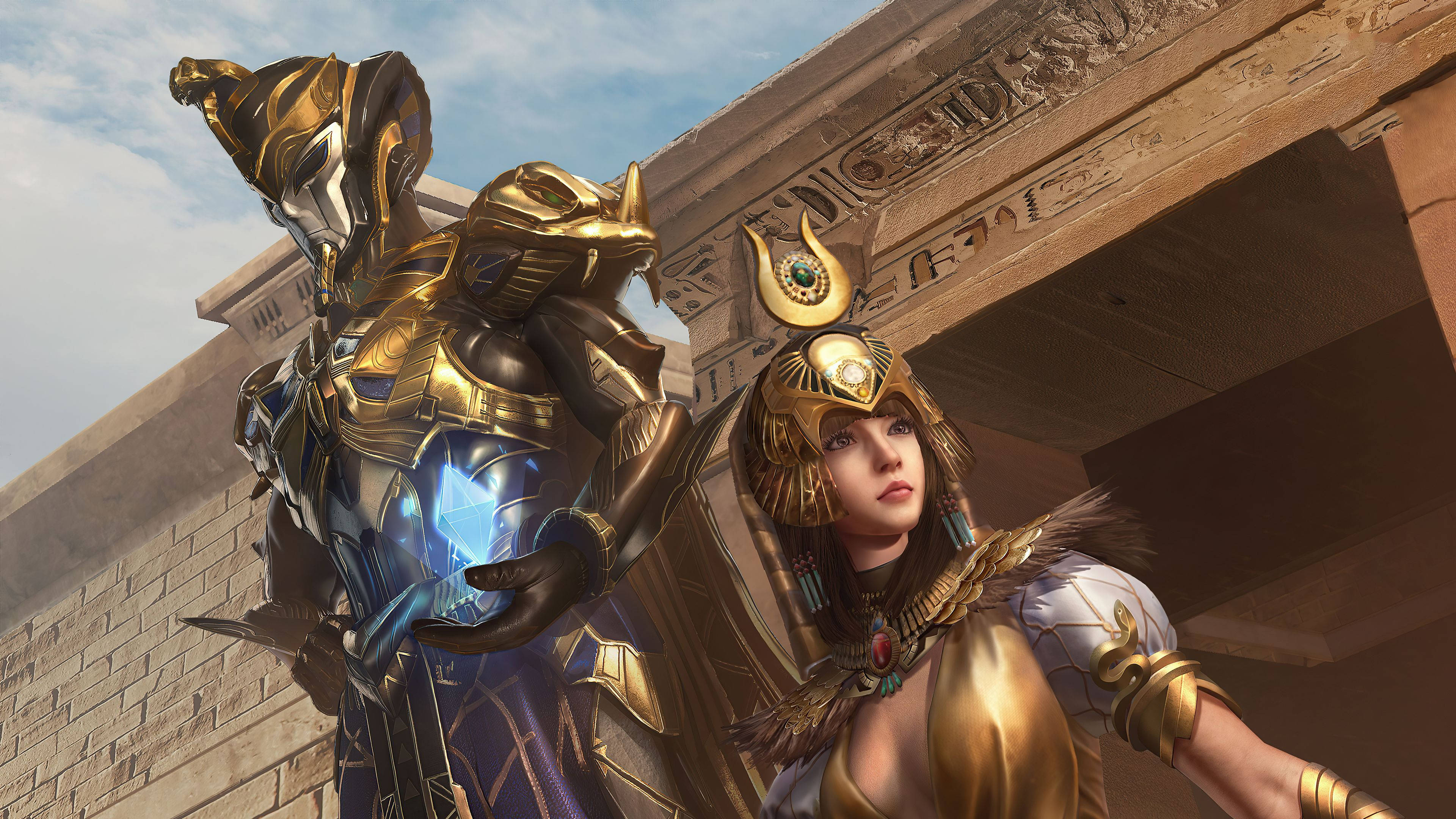 pubg pharaoh 桌布 壁紙 — 兩個身穿金色埃及主題裝備的裝甲人物，一個機器人一個人類，站在明亮的天空下的古老石建築前。