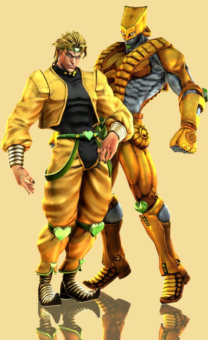 Dio The World 桌布 壁紙 — 兩個身穿金色盔甲的動漫角色自信地站在純米色背景前，地板具有反射效果。