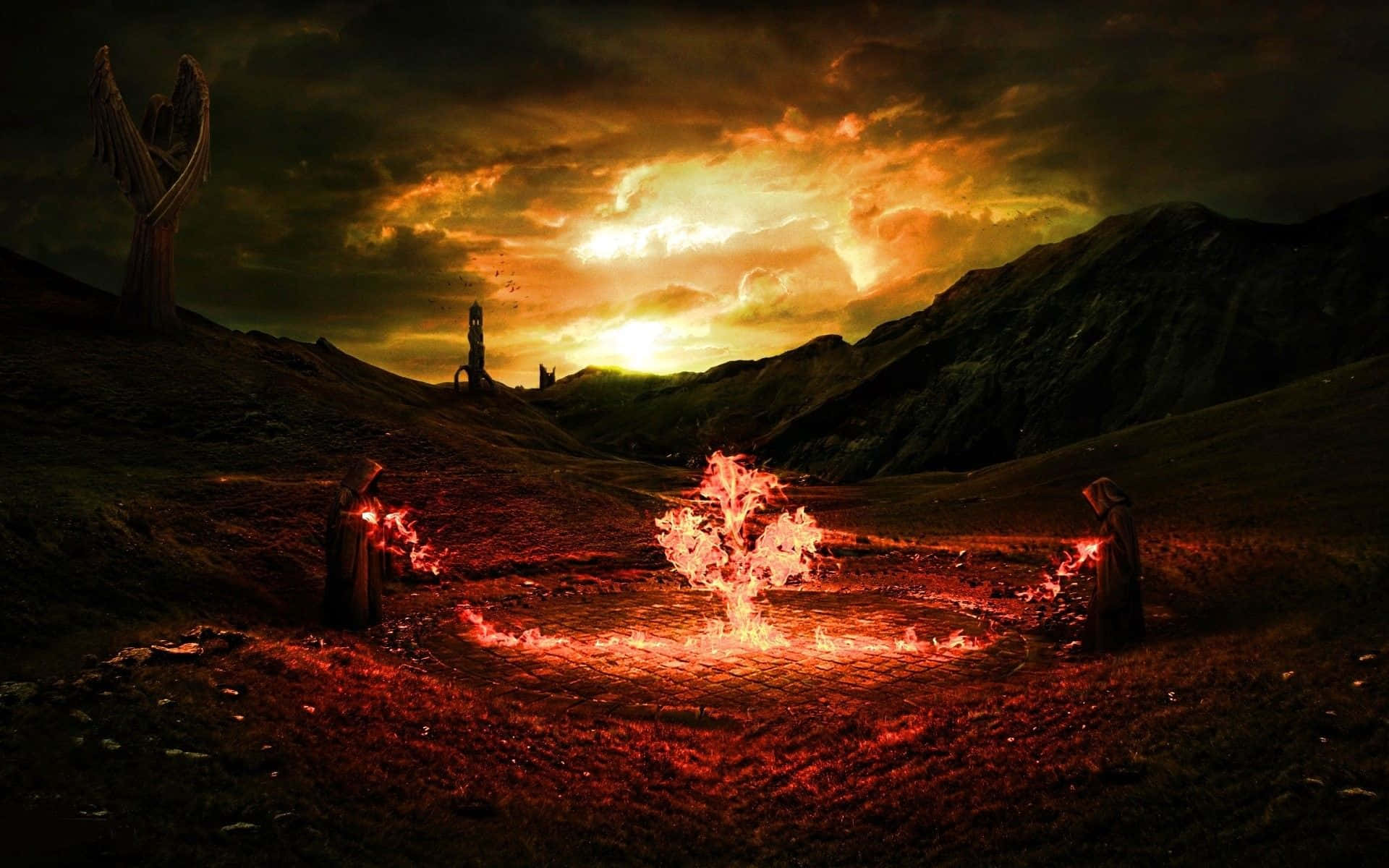 Creepy Aesthetic 桌布 壁紙 — 兩個身穿長袍的人物在日落時分站在荒涼的山谷中，圍繞著一個發光的紅色火堆，背景有一座破碎的天使雕像。