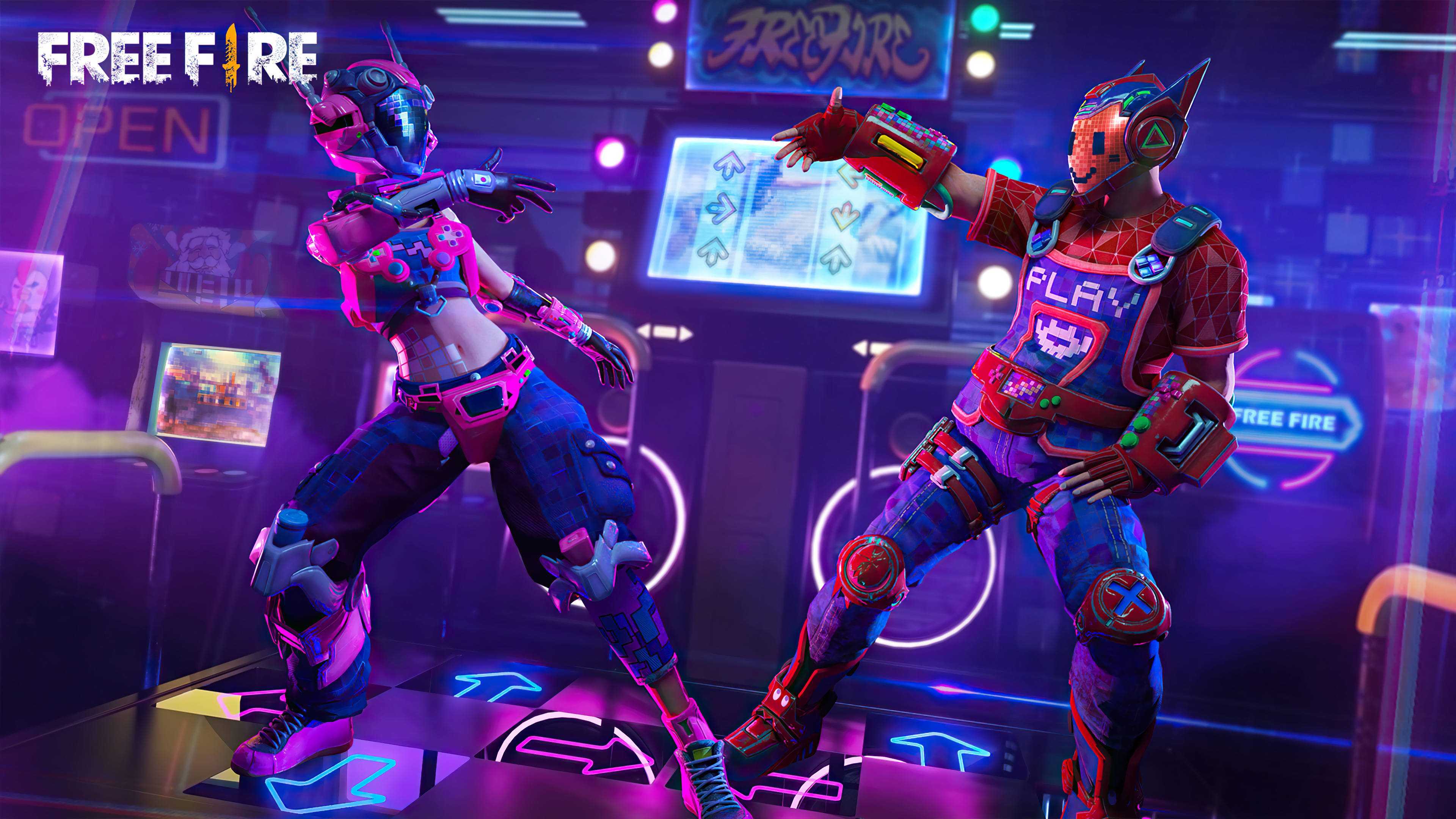 Free Fire 嘻哈套裝 桌布 壁紙 — 兩個身穿霓虹服裝的角色在充滿活力的賽博龐克遊戲機中心內，伴隨著發光的螢幕和未來主義裝飾，充滿活力地跳舞。