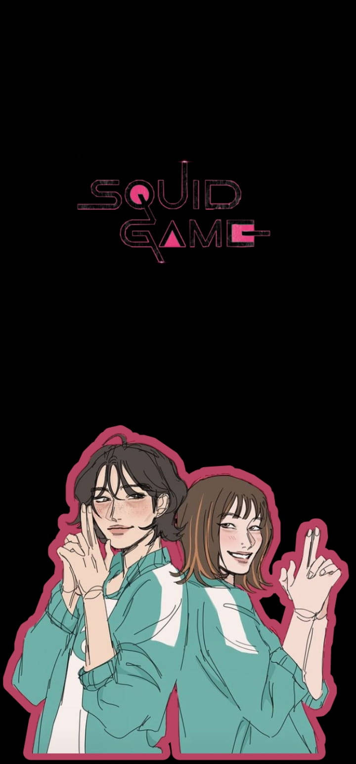 game 桌布 壁紙 — 兩個身穿青綠色制服的動漫角色在黑色背景前做出和平手勢，背景有粉紅色的『魷魚遊戲』標誌。