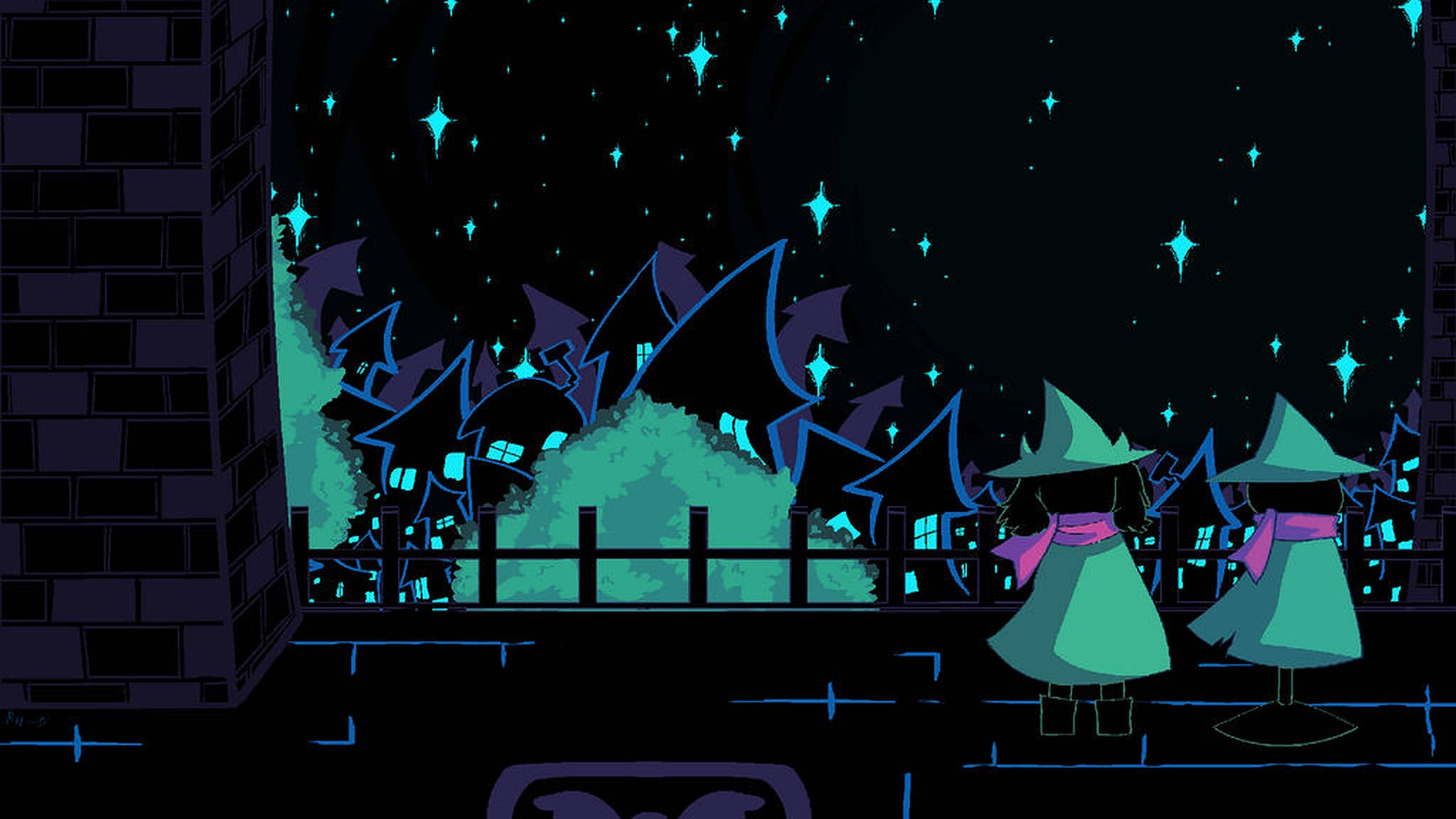 Ralsei 桌布 壁紙 — 兩個身穿青綠色長袍的女巫身影在夜晚站在屋頂上，凝視著發光的綠色灌木叢和鋸齒狀屋頂上方的星空。