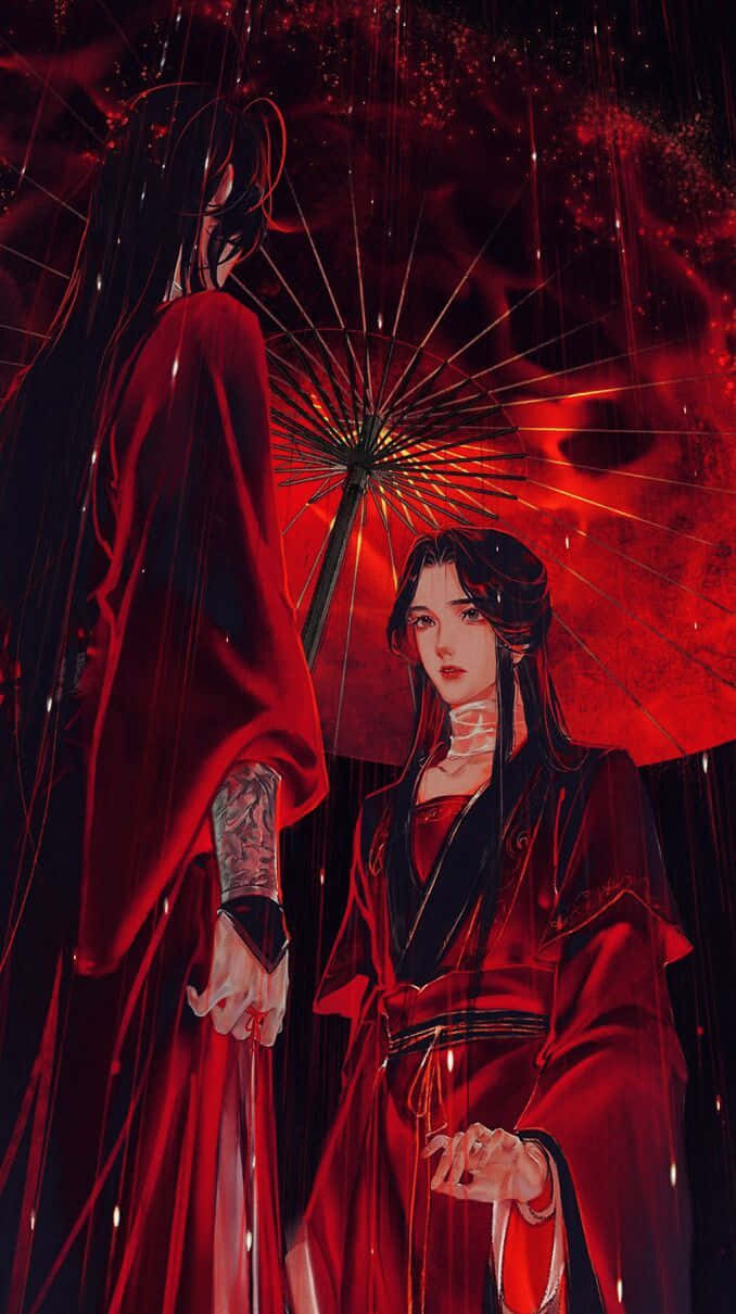 動漫女孩 桌布 壁紙 — 兩個身穿飄逸紅袍的人物站在發光的紅傘下，雨在黑暗、充滿氣氛的場景中落下。