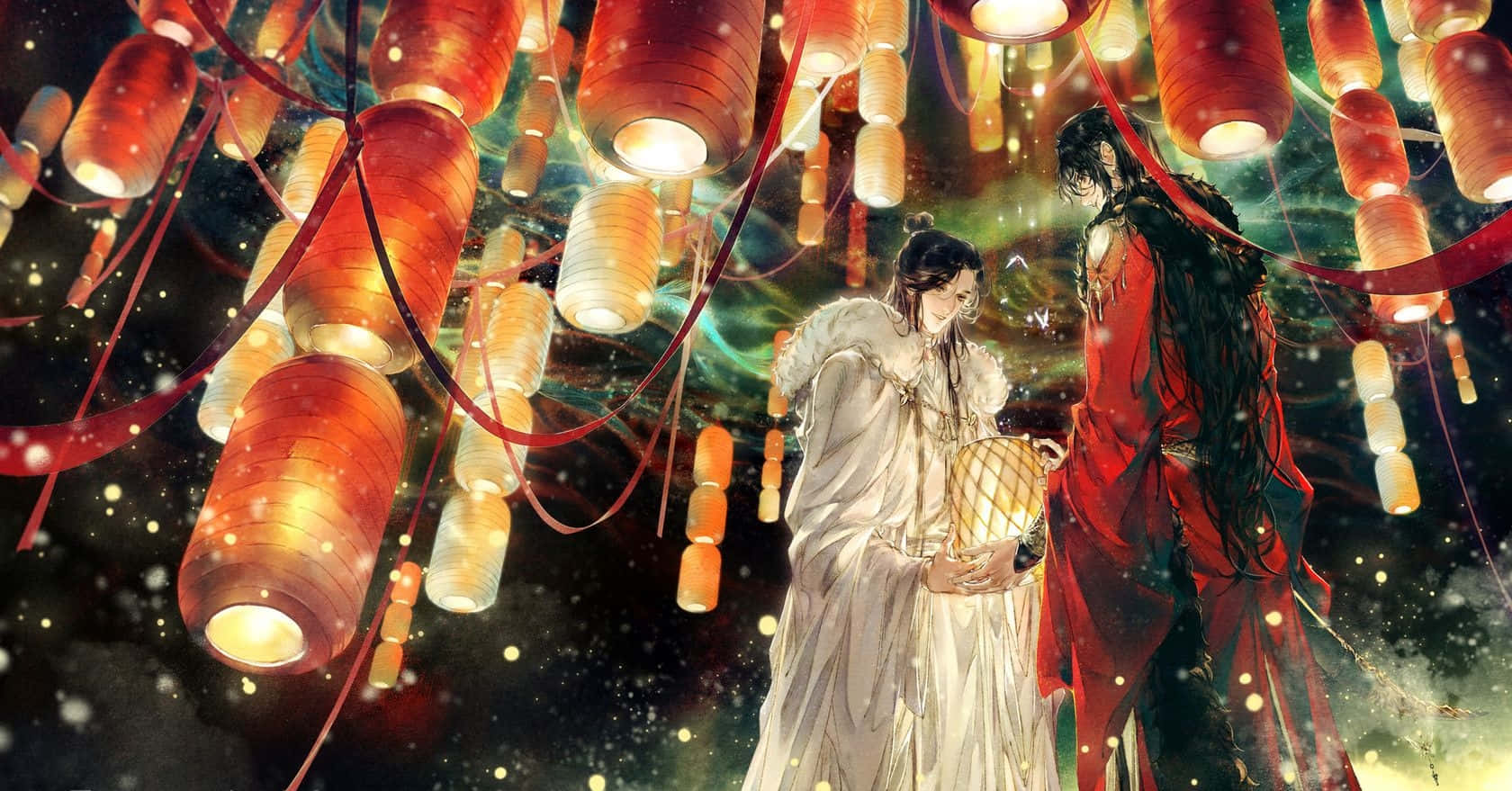 動漫 桌布 壁紙 — 兩個身穿飄逸長袍的人物，站在閃爍紅燈籠的天篷下，背景是繁星點點的夜空。