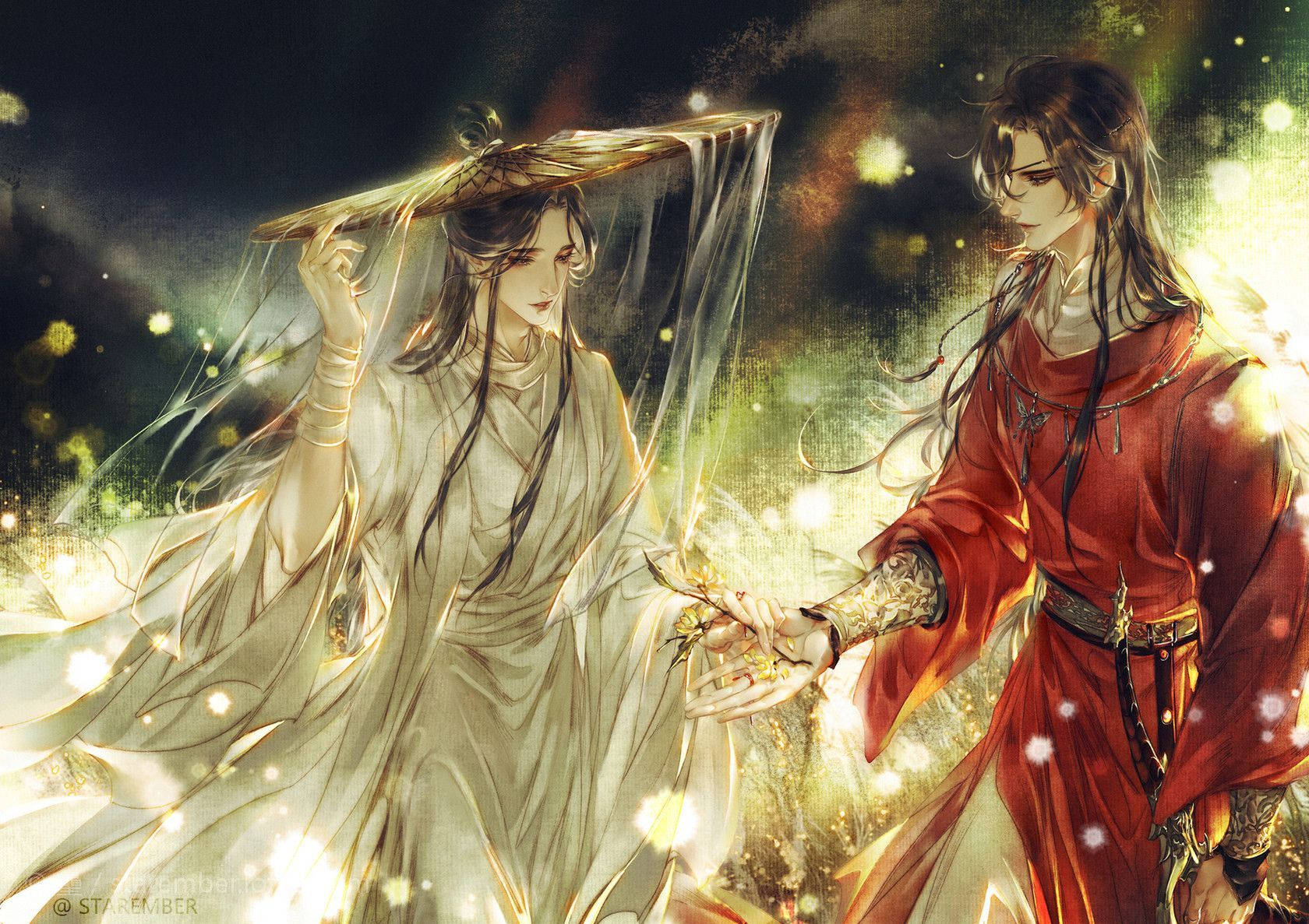 花城 桌布 壁紙 — 兩個身穿飄逸長袍的動漫角色在神秘夜景中，於閃爍金色粒子間交換一個發光物體。
