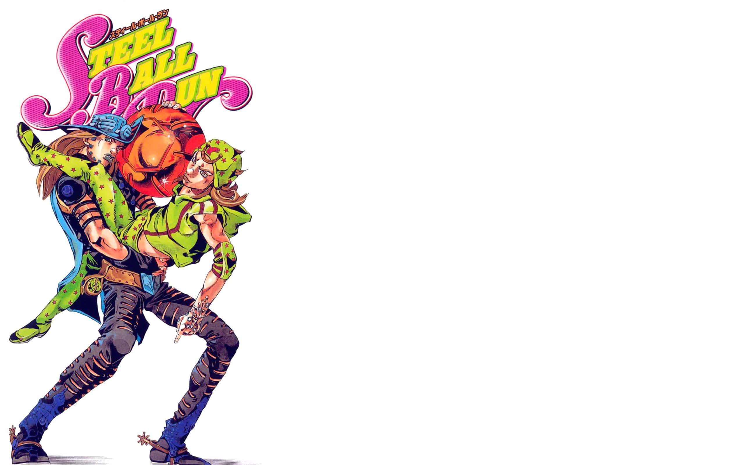 Jojo Steel Ball Run 桌布 壁紙 — 兩個身穿鮮綠色服裝的動漫角色在純白色背景上，於粗體粉紅色和黃色文字下動態跳躍。