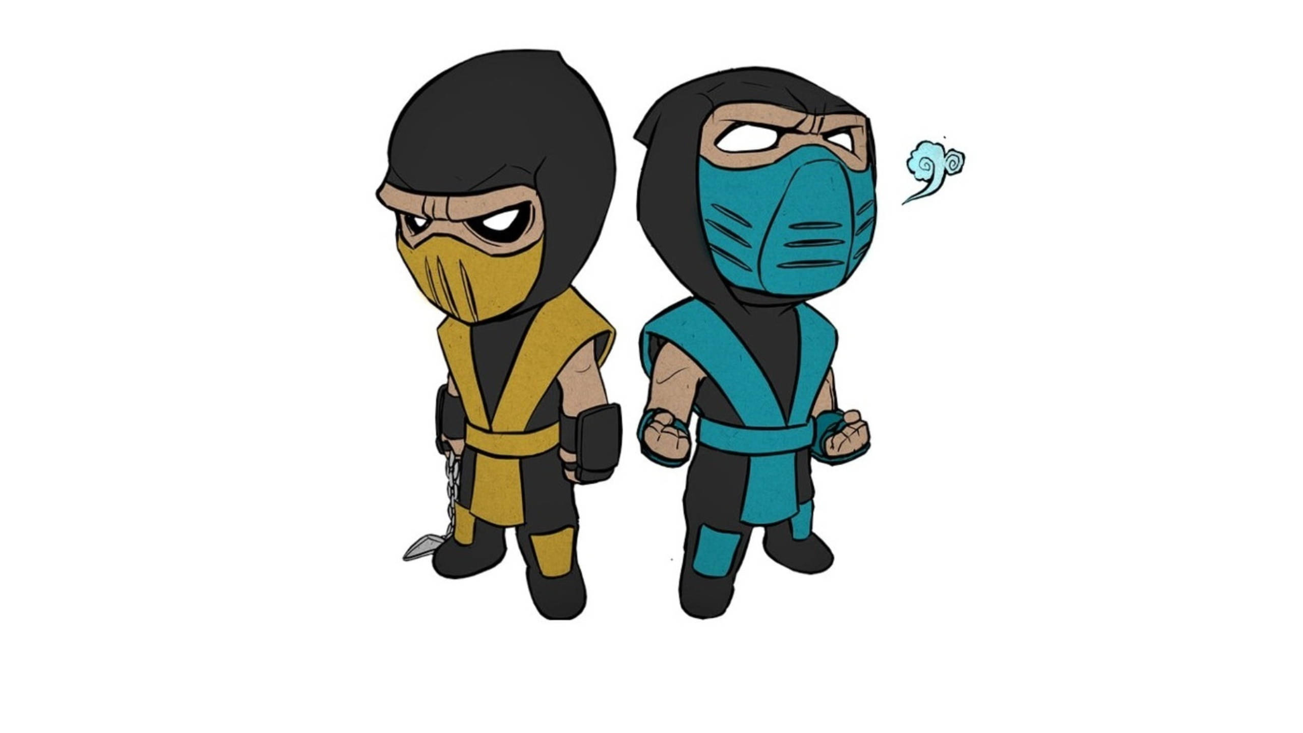 mortal kombat scorpion vs sub zero 桌布 壁紙 — 兩個身穿黃色和藍綠色服裝的Q版忍者並肩站立，表情堅定。